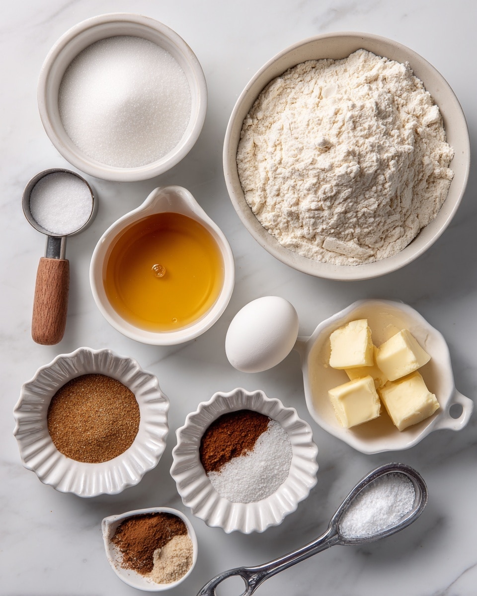 The image shows an overhead view of baking ingredients neatly placed on a white marbled surface. In the top right, there is a white bowl filled with white flour with a slightly rough texture. Below the flour, a white bowl contains golden honey, smooth on top. To the left of the honey, a small metal measuring cup with a wooden handle is empty but positioned as if ready to be used for corn syrup. A single white egg sits near the center of the image. Above the egg, a white bowl is filled with fine white sugar, smooth and level. In the top left, a small white bowl holds three pale yellow chunks of butter. Below the butter, a small fluted white dish has a mix of ground cinnamon, nutmeg, ginger, and a bit of salt in different shades of brown and white. Near the center bottom, a metal measuring spoon has white baking powder with a fine texture. All items are spaced clearly and labeled with black boxes and white text. The photo taken with an iphone --ar 4:5 --v 7