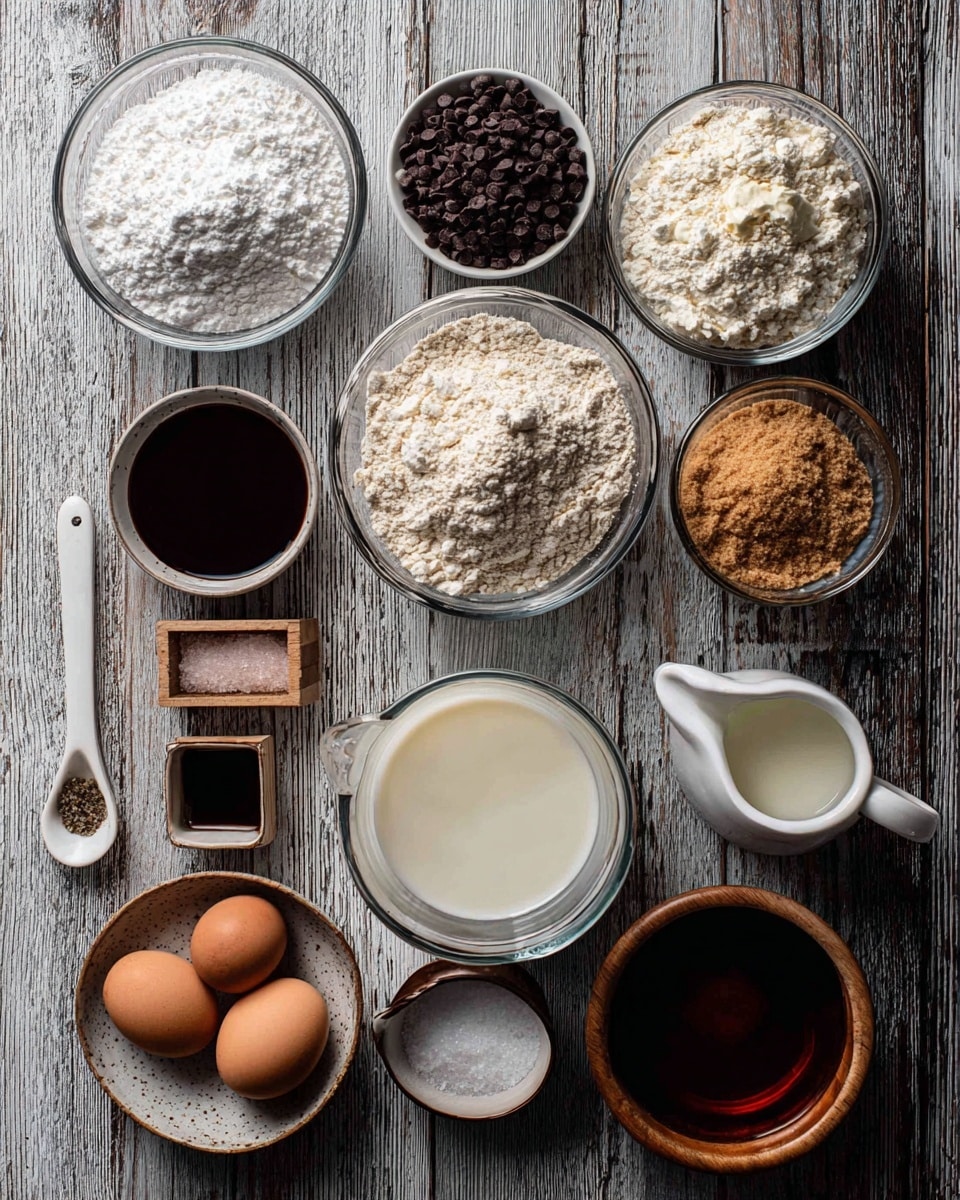 The image shows a top view of various baking ingredients neatly arranged on a dark wood surface, changed to a white marbled texture. There are clear glass bowls with white tapioca starch and light beige oat flour, a small clear bowl with dark chocolate chips, and a small white measuring cup filled with white Greek yogurt. A small round white bowl holds light brown coconut sugar, and beside it is a small wooden container with coarse pink salt. A small clear bowl contains dark vanilla extract, and another small bowl holds apple cider vinegar. Two brown eggs are placed in a speckled white bowl. There is a clear measuring cup filled with creamy oat milk, and a clear bowl containing melted coconut oil. A white spoon with white baking soda and powder is on the side. A small wooden bowl holds rich, dark maple syrup. All items are spaced evenly and clearly labeled. photo taken with an iphone --ar 4:5 --v 7