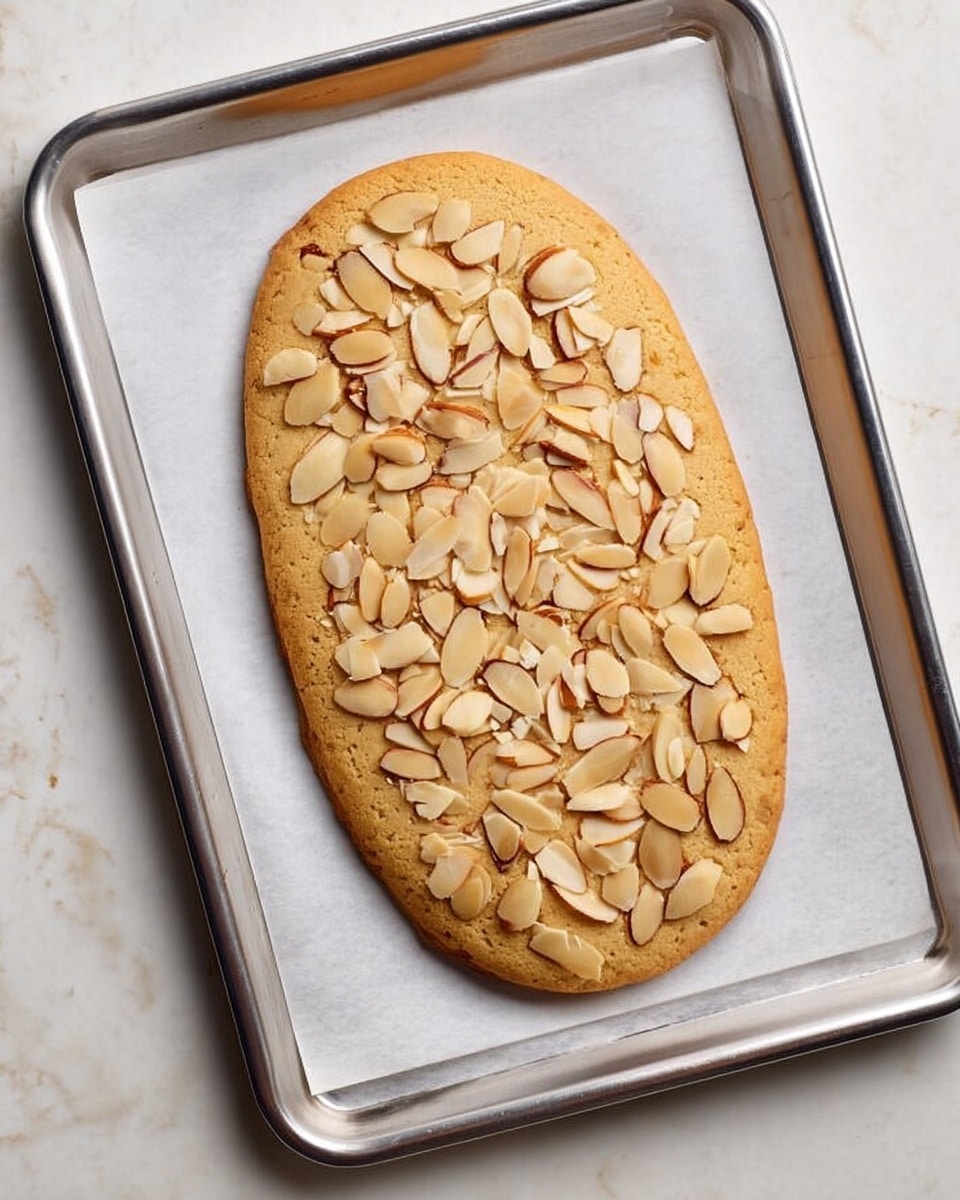 The image shows a single large oval-shaped cookie with a light golden brown color, topped with many thin almond slices scattered evenly across its surface. The cookie sits on a sheet of white parchment paper, which lines a shiny silver metal baking tray. The tray is placed on a white marbled textured surface. Photo taken with an iphone --ar 4:5 --v 7