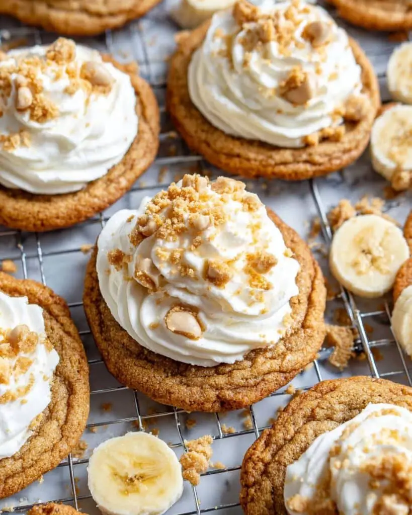 Banana Pudding Cookies with White Chocolate, Dried Bananas, and Whipped Cream Frosting Recipe