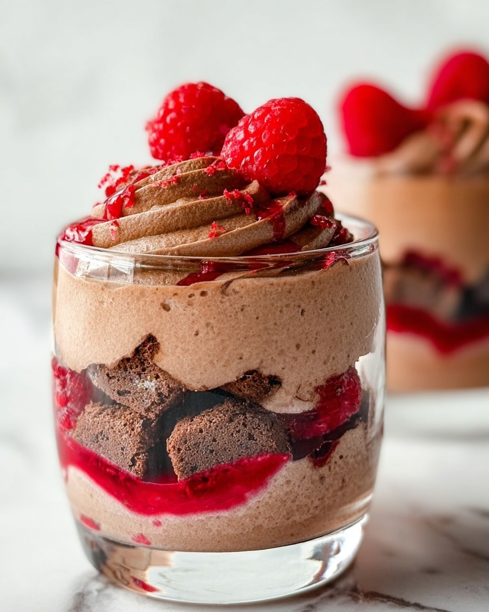 The image shows a close-up of a clear glass filled with three layers of dessert. The bottom layer is a light brown mousse with a smooth texture, topped with a thin streak of bright red raspberry sauce. The middle layer consists of chunks of chocolate cake with a soft and porous look, also drizzled with raspberry sauce. The top layer is a swirl of light brown chocolate mousse, garnished with two fresh, red raspberries and a light drizzle of red sauce. In the background, there is another similar glass blurred out, placed on a white marbled surface. photo taken with an iphone --ar 4:5 --v 7