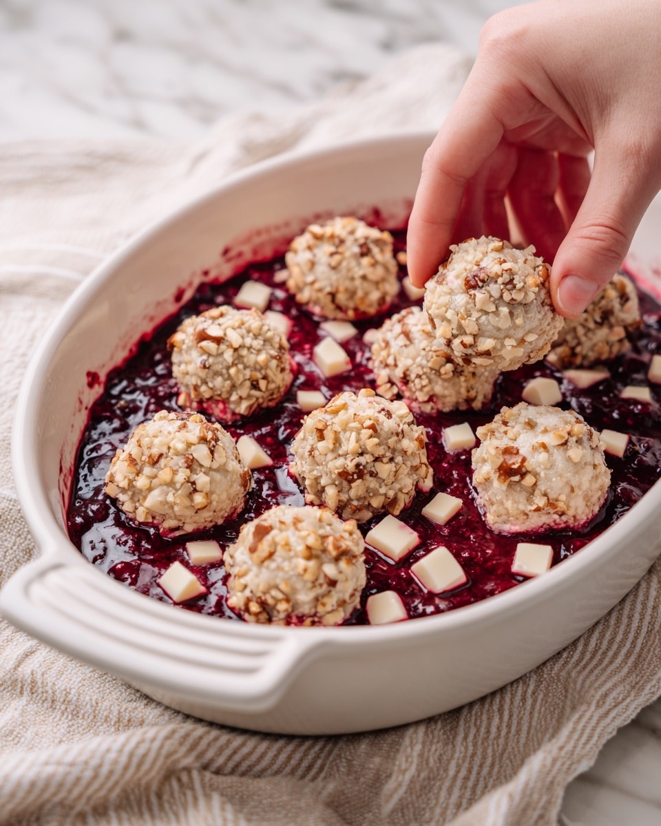 A white oval dish filled with a deep red berry sauce layer, scattered with small cubes of creamy white cheese. On top, there are six round balls covered with chopped nuts, placed evenly across the surface. A woman's hand is gently placing one of the nut-covered balls on the dish. The setting is on a white marbled surface with a softly textured beige and white striped cloth partially visible. Photo taken with an iphone --ar 4:5 --v 7