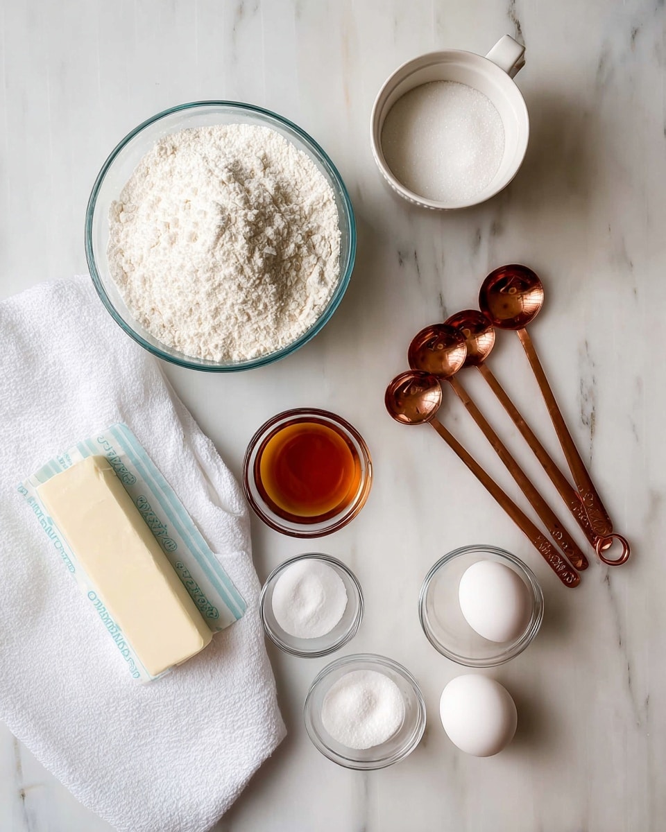 The image shows baking ingredients arranged on a white marbled surface. At the center, there is a round clear glass bowl full of white flour. Above it, slightly to the right, is a white cup filled with granulated sugar. To the left of the sugar is a small clear bowl with white powder, likely baking powder or baking soda. Below and left to the small bowl is another clear bowl with amber-colored vanilla extract. To the right of the flour bowl, three copper measuring spoons with a shiny finish are stacked and placed flat on the surface. At the bottom left corner, a stick of butter wrapped in light blue and white paper is partially visible next to a white cloth. On the bottom right, a clear bowl holds three white eggs. The setup is simple and neat with soft, natural light. photo taken with an iphone --ar 4:5 --v 7