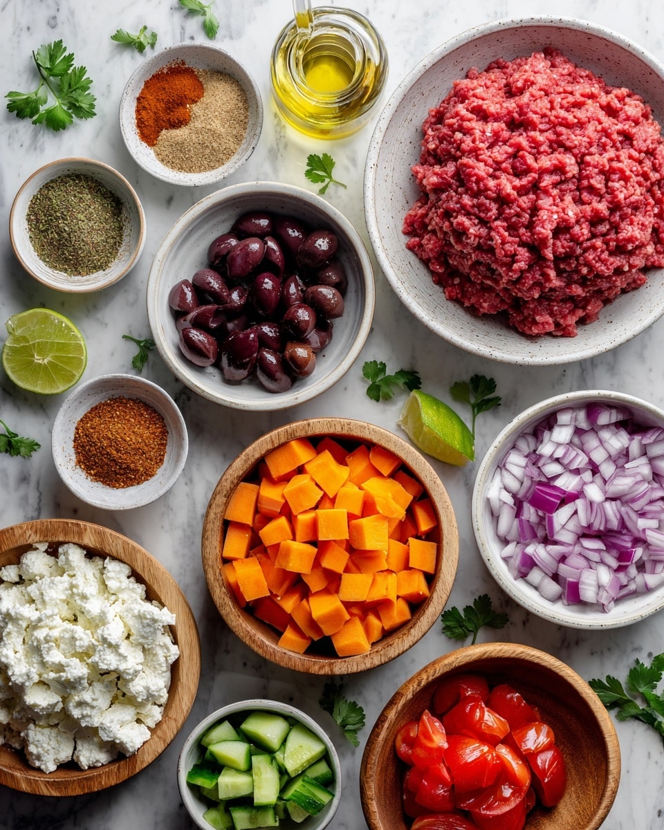 The image shows various ingredients in white and natural wood bowls arranged on a white marbled surface. Starting from the top right, a large white bowl holds a thick layer of raw ground beef with a deep red color and a slightly coarse texture. To its left, a small white bowl contains a mix of brown cumin, reddish paprika, and greenish oregano spices, each covering a small section of the bowl. Above it, a small white bowl holds light golden red wine vinegar. Next to it, a white bowl with dark purple chopped kalamata olives sits. Below the spices, a small glass bottle filled with shiny olive oil rests. On the bottom side, a bowl of white cottage cheese displays a lumpy texture, while next to it, a natural wooden bowl is filled with an even layer of bright orange sweet potato cubes. Beside the sweet potatoes, a small natural wooden bowl with diced red onion sits, showing a mix of white and purple colors. To the right, a larger white bowl contains evenly chopped green cucumber pieces. Below it, a small white bowl is filled with freshly chopped red tomatoes. Scattered near these bowls are a couple of lime wedges, some loose cilantro leaves, garlic paste in a small white bowl, and bowls with salt and pepper adding tiny textures to the scene. A bottle labeled as hot honey is partially visible on the right side. Everything is arranged neatly to show all ingredients clearly on the white marbled surface. Photo taken with an iphone --ar 4:5 --v 7