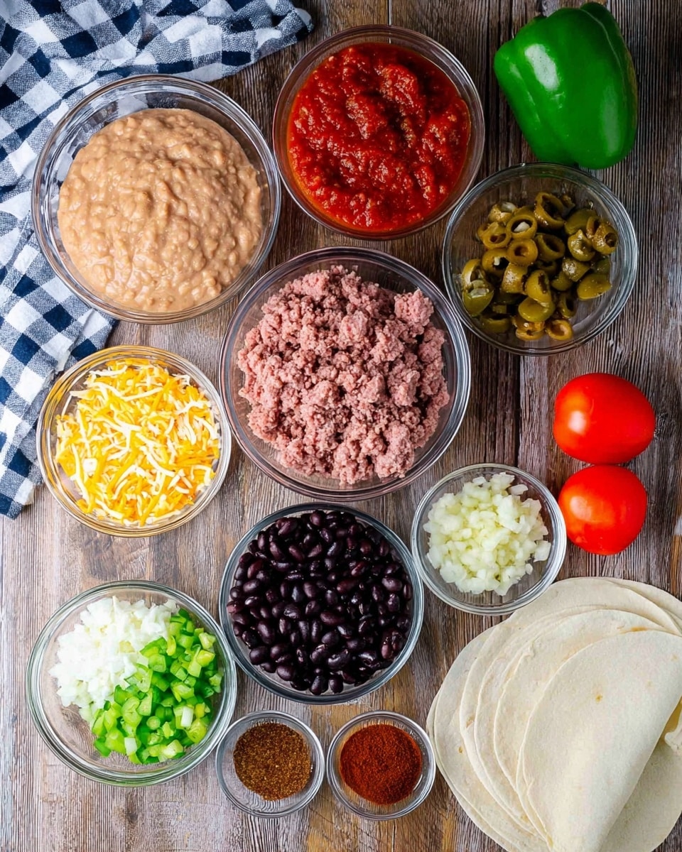A top view of several clear glass bowls arranged on a wooden surface, each holding different ingredients: one bowl has light beige refried beans with a smooth and creamy texture, another has deep red chunky salsa, a third contains pink ground meat with a coarse texture, there is a bowl with black beans showing a shiny surface, a small bowl holds finely chopped white onions, another has minced garlic, and one contains a mix of shredded yellow and white cheese. Additionally, there is a bowl of chopped green bell peppers, a small bowl of dark red seasoning powder, and one bowl with green chili peppers in a golden sauce. White flour tortillas are folded and placed on the bottom right corner. A few small red tomatoes and a whole green bell pepper are scattered among the bowls on a white marbled textured surface with a white and blue checkered cloth on the left side. Photo taken with an iphone --ar 4:5 --v 7
