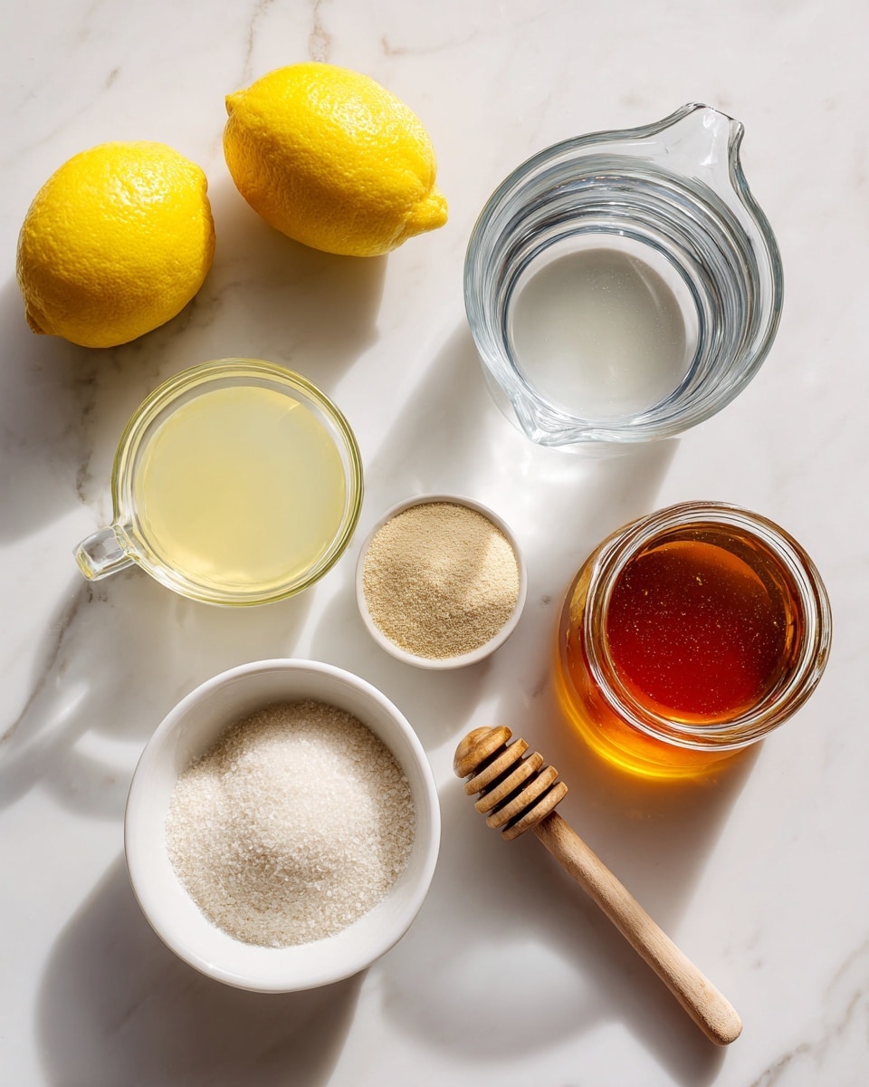 The image shows five clear glass containers with different ingredients arranged on a white marbled surface. Starting from the top left, there is a small glass measuring cup filled with pale yellow lemon juice. Next to it, on the right, is a larger glass measuring cup filled with clear water. Below the lemon juice, there's a small round glass bowl containing a light beige powder labeled unflavored gelatin. To the right of the gelatin, there is a white bowl filled with white granulated sugar or a similar sweetener, with a small wooden spoon resting inside. Finally, on the far right side, there is a glass jar of amber-colored honey with a wooden honey dipper inside it. Two whole yellow lemons are partially visible on the far left side of the image. The lighting is bright and clean, highlighting the colors and textures of the ingredients clearly. photo taken with an iphone --ar 4:5 --v 7