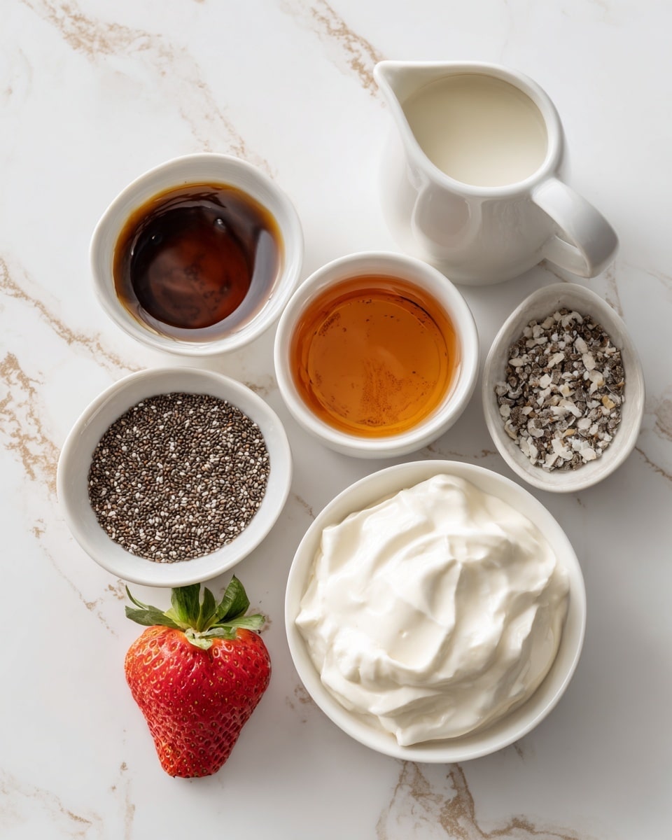 The image shows five small white bowls and a pitcher arranged on a white marbled surface. Each bowl contains a different ingredient: one has dark brown vanilla liquid, another holds a darker amber maple syrup with a shiny surface, and a third is filled with small gray and black chia seeds with a rough texture. There is a bowl full of thick, creamy white Greek yogurt with soft peaks, and a white pitcher holds smooth, white almond milk. To the side, there is a half-cut strawberry showing bright red flesh and green leaves. photo taken with an iphone --ar 4:5 --v 7