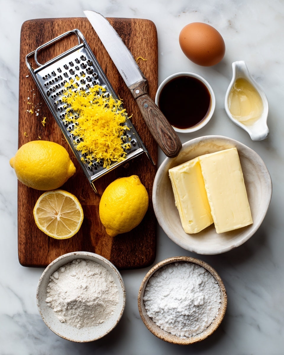 A wooden cutting board placed on a white marbled surface holds a metal grater with bright yellow lemon zest on it and a knife with a wooden handle resting on top. On the board next to the grater are two yellow lemon halves and one whole lemon. Below the board are two wrapped sticks of butter, and to the right of the board are a white bowl filled with white flour, a brown egg sitting next to it, and a small white bowl with dark brown vanilla liquid. Above the flour bowl is a white speckled bowl with white baking powder, salt, and baking soda powders. Below the flour bowl is a white speckled bowl filled with granulated sugar photo taken with an iphone --ar 4:5 --v 7