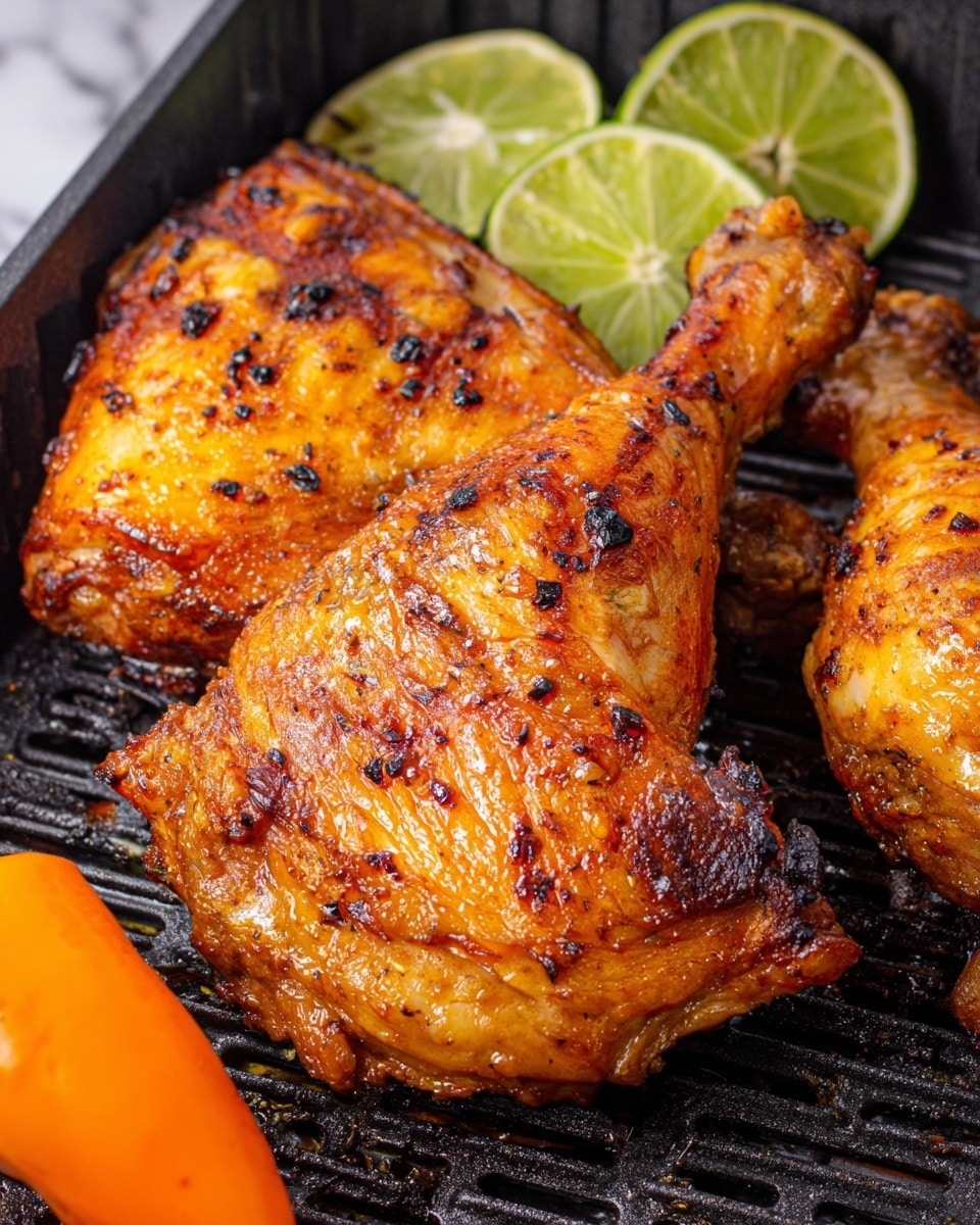 The image shows three pieces of golden-brown grilled chicken, with crispy skin marked by small charred spots. The chicken pieces include a large thigh in the front, a drumstick in the middle back, and another piece on the right side. There are two thin green lime slices placed behind the central chicken piece, adding a fresh contrast. A bright orange pepper lies in the bottom left corner, adding a pop of color. The food is placed on a black grill basket, showing grooves and some cooking residue. The background is a white marbled texture. Photo taken with an iphone --ar 4:5 --v 7