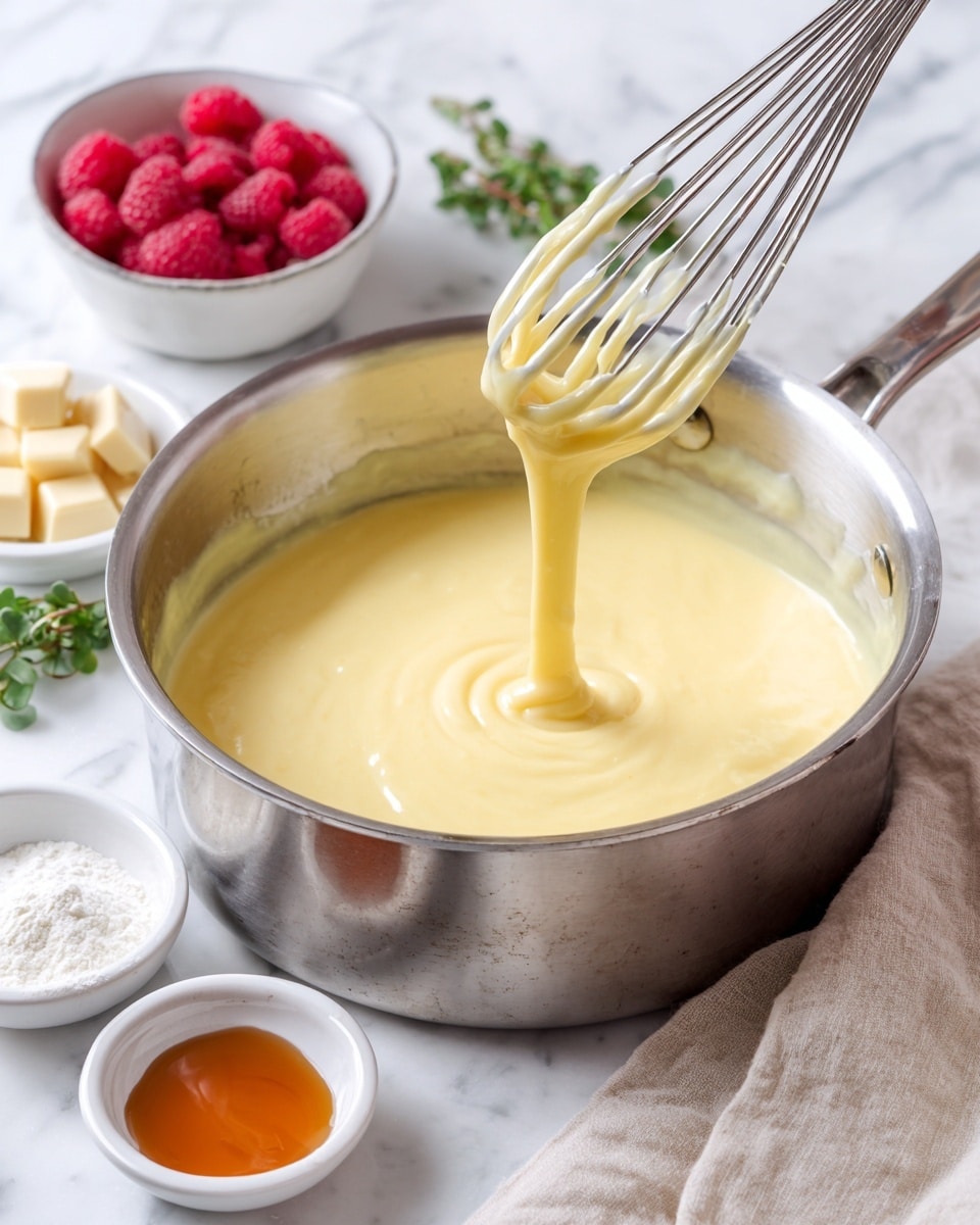 A shiny metal pot filled with smooth, thick pale yellow cream. A metal whisk lifts the cream, showing its silky, soft texture slowly dripping back into the pot. The pot sits on a white marbled surface with three small white bowls behind it; one has red raspberries, one has a dark amber liquid, and one has white powder. There are also a few small beige chocolate pieces in another white bowl. A light beige cloth and green herb sprigs are beside the pot. Photo taken with an iphone --ar 4:5 --v 7