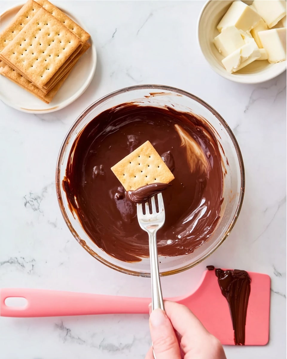 A woman's hand holds a metal fork with a square cracker dipped in smooth, dark melted chocolate in a clear glass bowl at the center of a white marbled surface. To the upper left, there is a small stack of plain square crackers. On the upper right, a small white bowl contains a piece of white chocolate. A pink spatula with some melted chocolate sits on the surface to the right of the glass bowl. Photo taken with an iphone --ar 4:5 --v 7