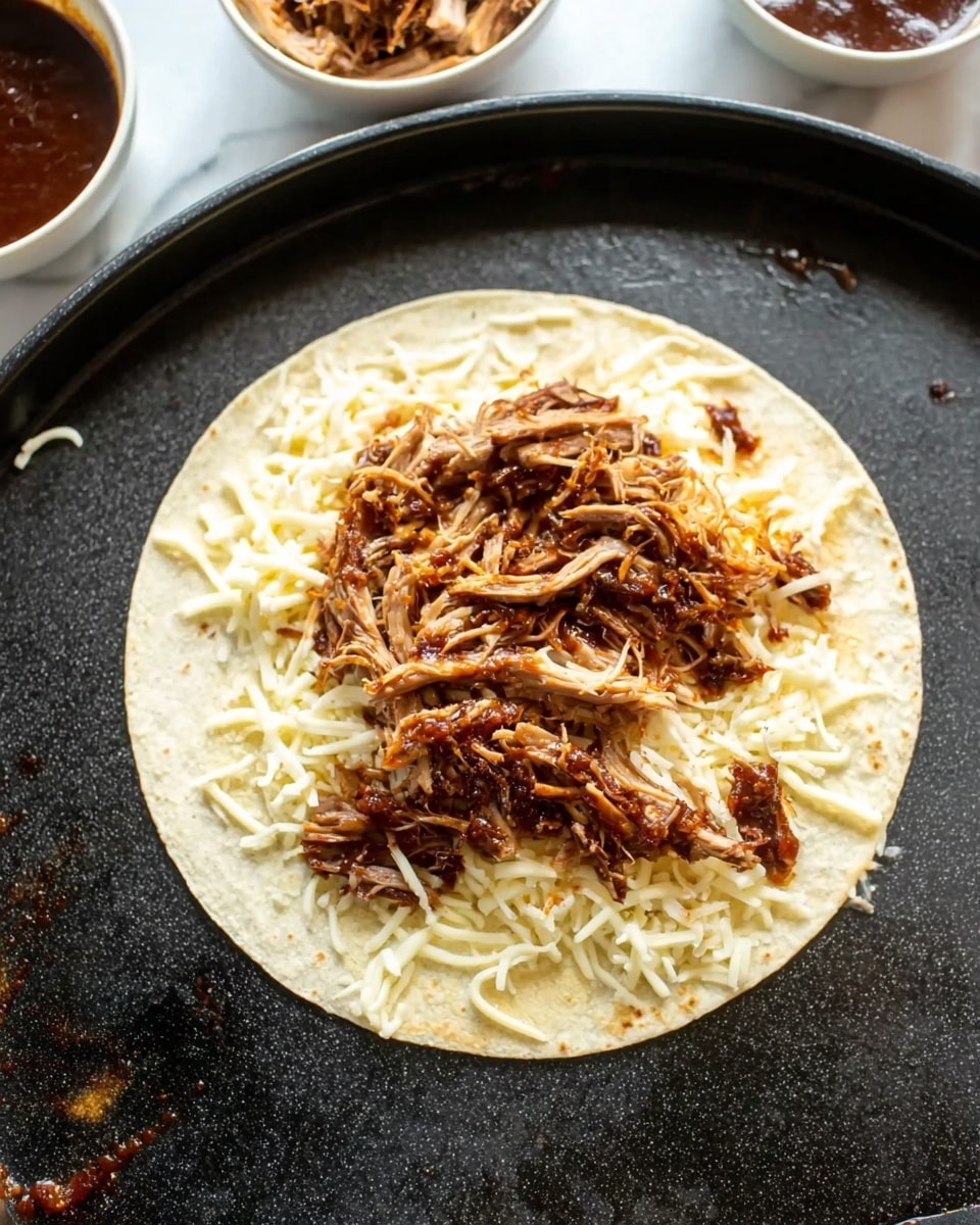 A white corn tortilla lies flat on a black pan, topped with two visible layers; the bottom layer is shredded white cheese spread evenly, and the top layer consists of dark brown shredded meat arranged loosely in the center of the tortilla. In the background, to the upper left and upper right, small white bowls with more shredded meat and dark sauce are partially visible on a white marbled surface. Photo taken with an iphone --ar 4:5 --v 7
