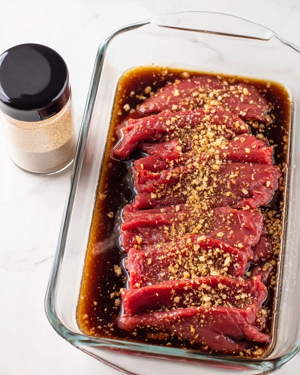 A clear glass rectangular dish holds thin slices of red raw meat layered evenly on each other, soaked in a dark brown sauce that covers the bottom of the dish and slightly coats the meat. Crushed garlic bits are sprinkled over the top layer, adding texture and light brown spots. The dish is placed on a white marbled surface, next to a black-capped spice jar filled with a light tan powder. photo taken with an iphone --ar 4:5 --v 7