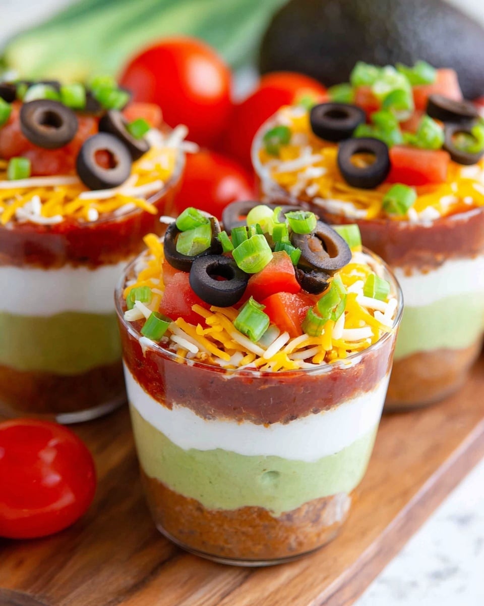 This image shows a row of clear cups filled with five visible layers. The bottom layer is light brown with a chunky texture, likely beans. Above that is a smooth, bright green layer, probably guacamole. The middle layer is thick and white, resembling sour cream. On top of this is a bright red, smooth salsa layer. The top layer is a mix of shredded yellow and white cheese, small green herbs, diced red tomatoes, and black olive slices. The cups are placed on a wooden board with a white marbled surface and light blue cloth under it in the background. Photo taken with an iphone --ar 4:5 --v 7