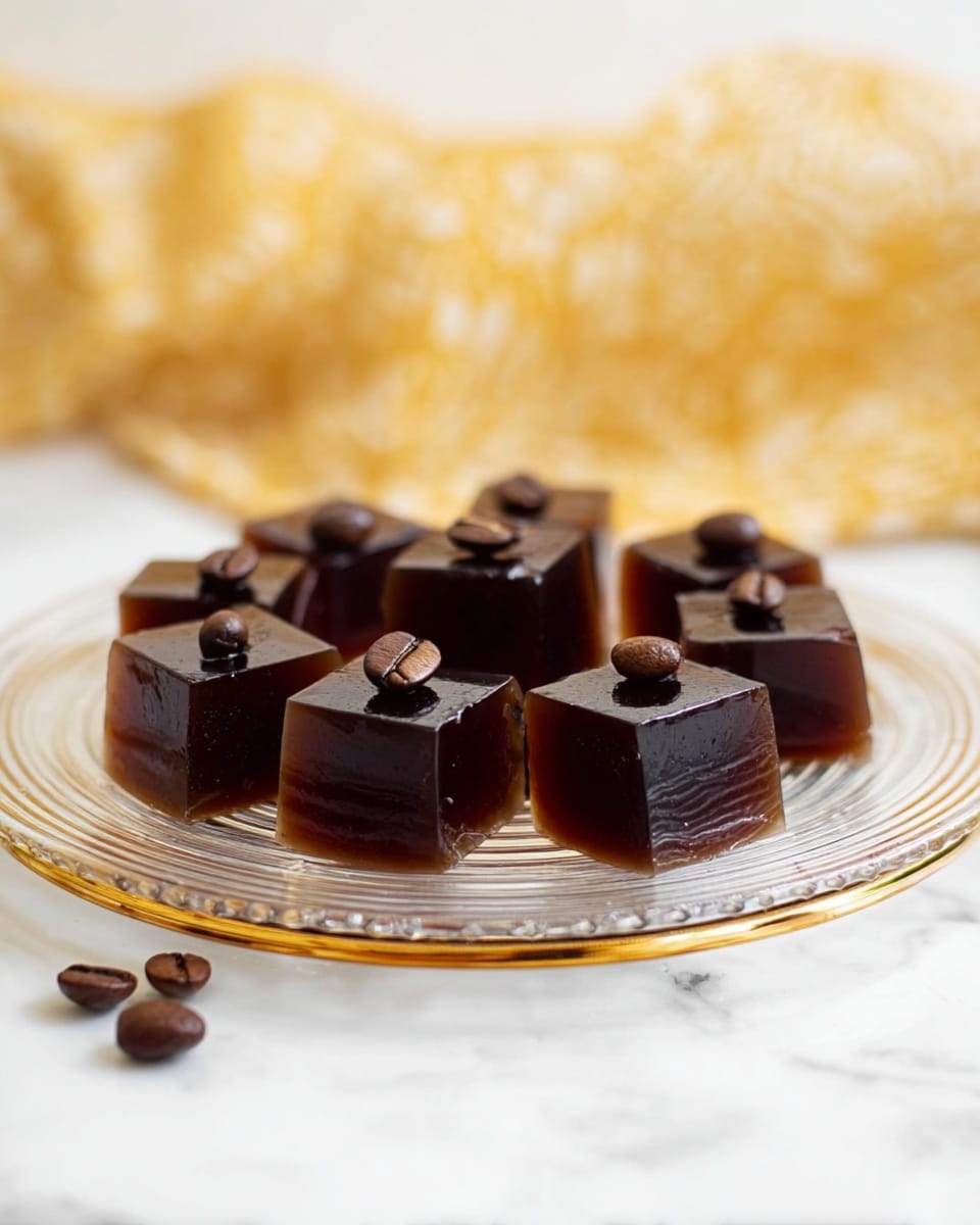 The image shows small, dark brown jelly cubes arranged in a circle on a clear glass plate with a golden rim. Each cube is smooth and shiny with a coffee bean placed on top. The jelly is translucent, showing faint lines inside, and the plate sits on a white marbled surface. There are a few coffee beans scattered near the plate, and a soft yellow patterned fabric is blurred in the background. Photo taken with an iphone --ar 4:5 --v 7