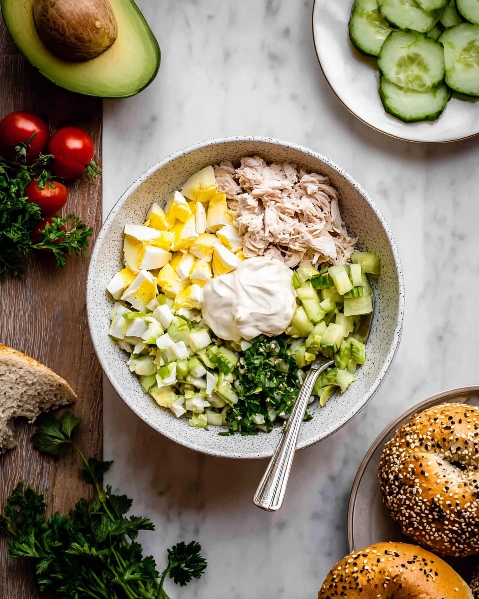 A white speckled bowl contains five layers arranged side by side: chopped boiled egg pieces in yellow and white, small green pickle cubes, light beige shredded meat, chopped light green celery, and finely chopped dark green herbs. In the center, there is a dollop of creamy white sauce. A silver spoon rests inside the bowl. To the top right, there is a white plate with thin light green cucumber slices. On the right side, there are two white poppy seed bagels, one with orange cheese inside. On the top left, half an avocado with its seed and some green parsley and small red cherry tomatoes are visible on a white marbled surface. photo taken with an iphone --ar 4:5 --v 7