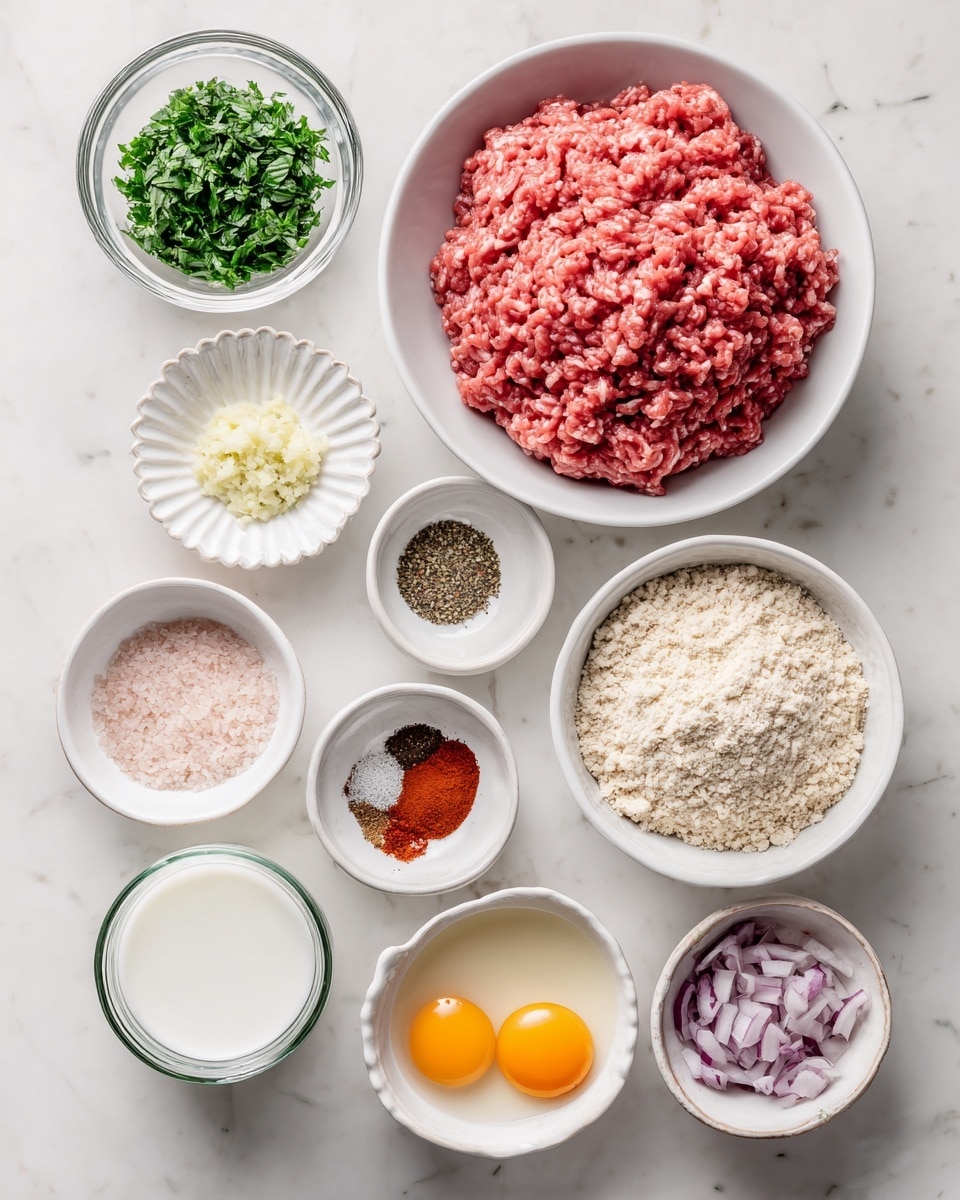 The image shows nine white bowls and one clear glass cup arranged neatly on a white marbled surface. In the top right, a large white bowl holds raw ground lamb, pink with a soft texture. To its left, a smaller white bowl contains finely chopped green mint leaves. Next to it, another small white bowl is filled with minced garlic, pale yellow and moist. Below the mint and garlic, a white fluted dish holds five different spices – the spices include red powder, brown powder, dark brown powder, and cracked black pepper. In the center of the image, a medium white bowl is full of light beige bread crumbs with a grainy texture. Below and slightly to the right, a small white fluted bowl contains finely chopped red onion, purple and slightly glossy. To the left of the onion, a small white bowl of pink salt crystals is present. Near the bottom left, a clear glass cup shows white milk with a smooth surface. Lastly, in the bottom center, a small white bowl contains two raw eggs with bright yellow yolks and clear egg whites. Photo taken with an iphone --ar 4:5 --v 7