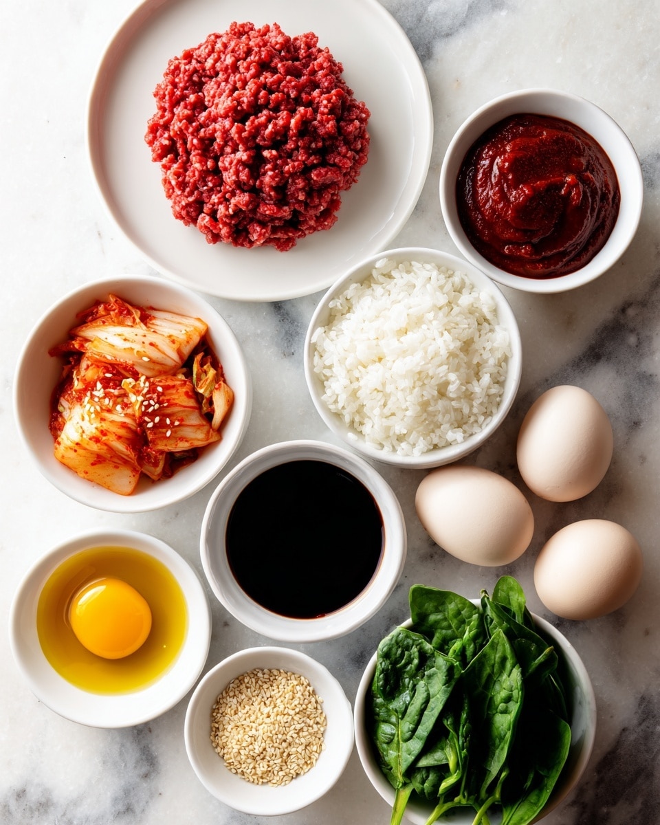 The image shows a top view of several small white bowls and plates arranged on a white marbled surface. In the top left sits a white round plate with fresh ground beef, textured and bright red. To its right, a white bowl holds a smooth, thick deep red gochujang sauce. Below that, another white bowl contains plain white rice with a fine grain texture. To the left of the rice, a white bowl is filled with dark, glossy soy sauce. Below the soy sauce, a small white bowl holds golden sesame oil with a shiny surface. To the far left, a larger white bowl contains chopped orange and red kimchi. Below the kimchi bowl, three brown eggs rest in a white bowl with smooth shells. Near the sesame oil, a white bowl has fresh, dark green spinach leaves, showing their veins. In the center near the bottom, a small white dish holds minced pale yellow garlic. Finally, next to the spinach, a small round white bowl displays crispy light brown sesame seeds and chopped green garnishes. Photo taken with an iphone --ar 4:5 --v 7