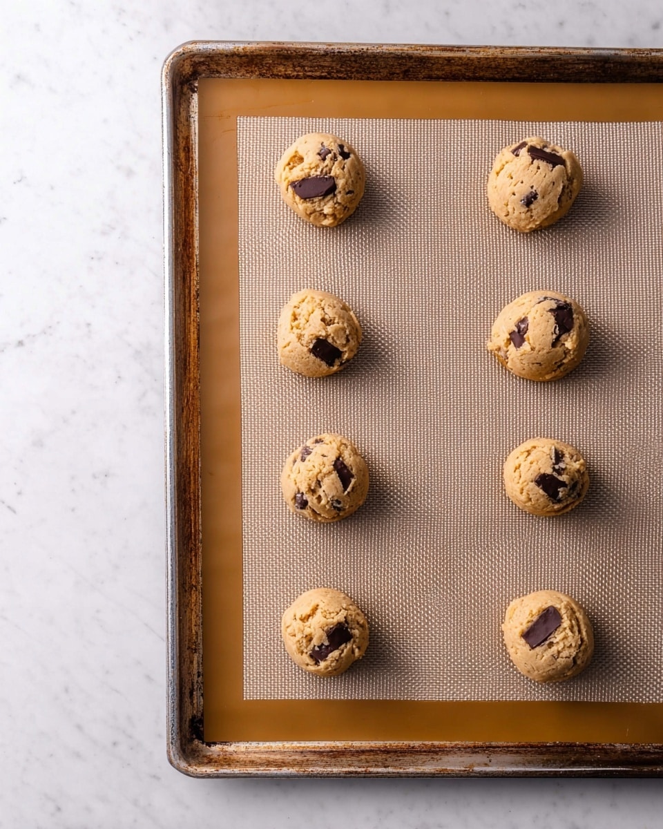 Six raw cookie dough balls with visible dark chocolate chunks are placed evenly on a baking sheet lined with a light brown silicone baking mat. The baking sheet is metal with a slightly worn, rustic look and sits on a white marbled surface. The dough balls are round and slightly rough-textured, with each having two to three chocolate chunks on top. The layout shows two columns and three rows of cookie dough balls. Photo taken with an iphone --ar 4:5 --v 7