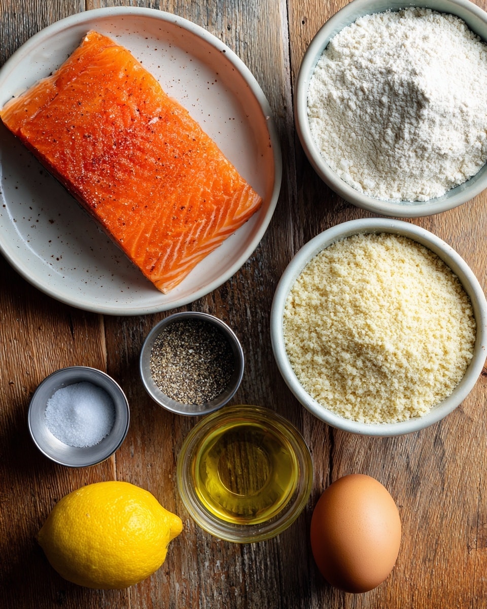 A top view of cooking ingredients arranged on a wooden surface showing a white plate with a smooth orange salmon fillet in the center left, a white bowl filled with fine white flour at the top right, and another white bowl filled with pale beige breadcrumbs at bottom left. A small metal cup with ground black pepper is near the top center, a bright yellow lemon sits near the middle right next to a small glass container of golden olive oil and a tiny metal cup with white salt. At the bottom right is a single large brown egg. Each ingredient is clearly labeled with dark text around it. photo taken with an iphone --ar 4:5 --v 7