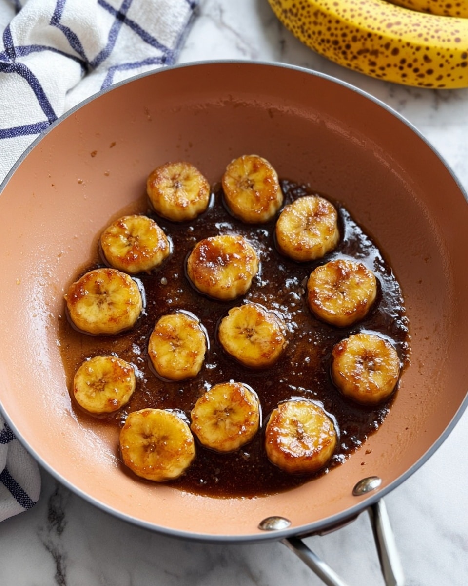The image shows a peach-colored pan with several round golden-brown caramelized banana slices cooking in a glossy dark syrup at the bottom. The banana slices have a slightly crispy texture on top with a shiny coat of sauce, and they are spread evenly in the pan. In the background, there is a spotted yellow banana and a towel with a navy blue checkered pattern on a white marbled texture. The scene is brightly lit, highlighting the warm tones of the bananas and the soft, smooth finish of the pan photo taken with an iphone --ar 4:5 --v 7