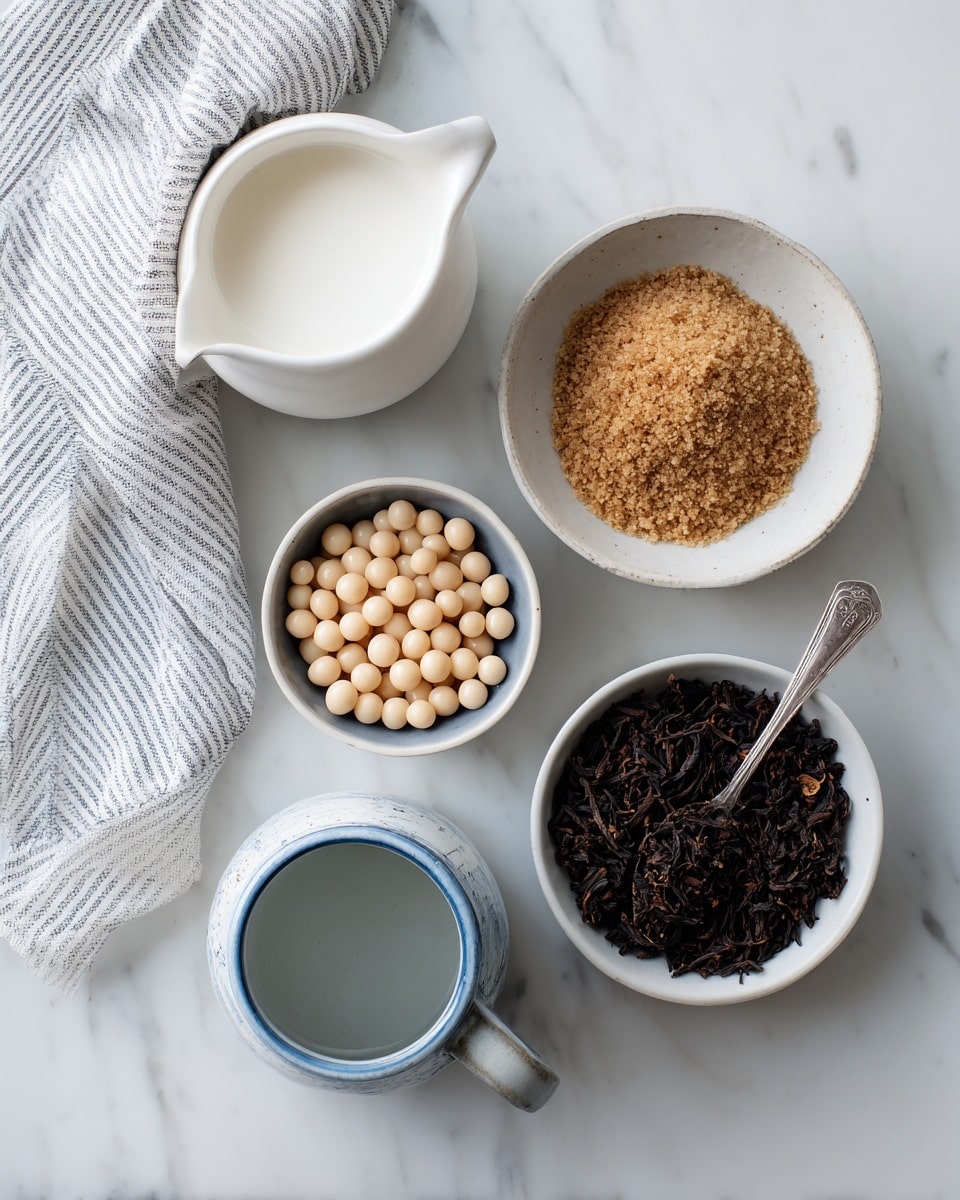 The image shows five ingredient containers arranged neatly on a white marbled surface with a soft striped cloth on the left side. Starting from the top, there is a white pitcher filled with milk, next to it on the right is a small round white bowl filled with golden brown coconut sugar. Below the milk, there is a small dark bowl holding pale round boba pearls. To the right side near the bottom, a small white bowl contains dark brown loose leaf black tea with a spoon resting in it. Finally, at the bottom center, there is an empty white pitcher with a blue rim indicating water. photo taken with an iphone --ar 4:5 --v 7