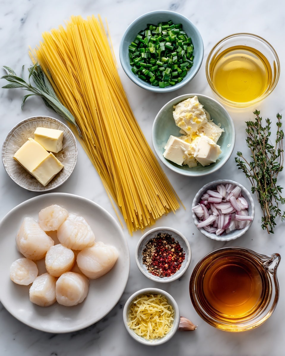 The image shows a flat lay of cooking ingredients arranged on a white marbled surface. In the center, there is a large bundle of uncooked yellow linguini pasta. Surrounding the pasta are small white bowls and plates holding various ingredients: green chopped chives, fresh green basil leaves, two chunks of pale yellow butter on a small white plate, chopped light purple shallots in a dark bowl, finely chopped white garlic in a pale blue bowl, golden lemon zest on a small white plate, red pepper flakes on a white dish, and coarse salt and black pepper on another white dish. A white plate at the bottom holds several scallops, off-white in color. There is also a glass measuring cup filled with amber seafood stock and a small transparent glass with light golden white wine. A small bowl of pale yellow lemon juice and a white bowl containing golden olive oil are placed nearby. Fresh green thyme sprigs lay near the shallots. The arrangement is neat, colorful, and visually balanced. Photo taken with an iphone --ar 4:5 --v 7