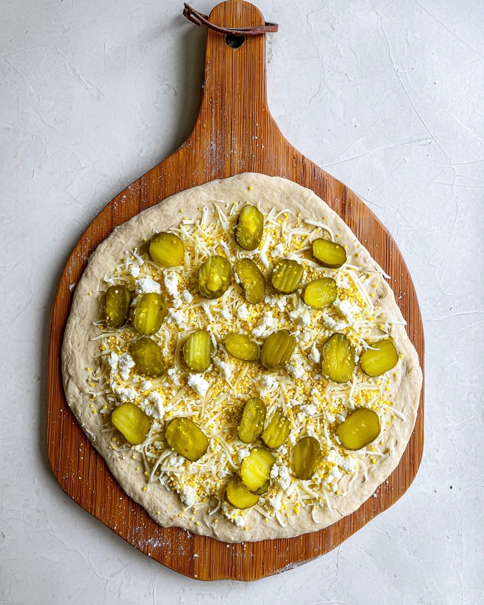 A round pizza dough base with a rough, light beige texture is placed on a wooden paddle with a handle and a leather string loop at the top, resting on a white marbled surface. The pizza has two layers of cheese; the bottom layer is shredded white cheese spread evenly, and the top layer is crumbled white cheese scattered over it. On top of the cheese layers, there are many green pickle slices, each glossy and place in a loose pattern across the pizza. Some yellow cornmeal sprinkles are on the wooden paddle around the pizza, adding texture to the scene. Photo taken with an iphone --ar 4:5 --v 7