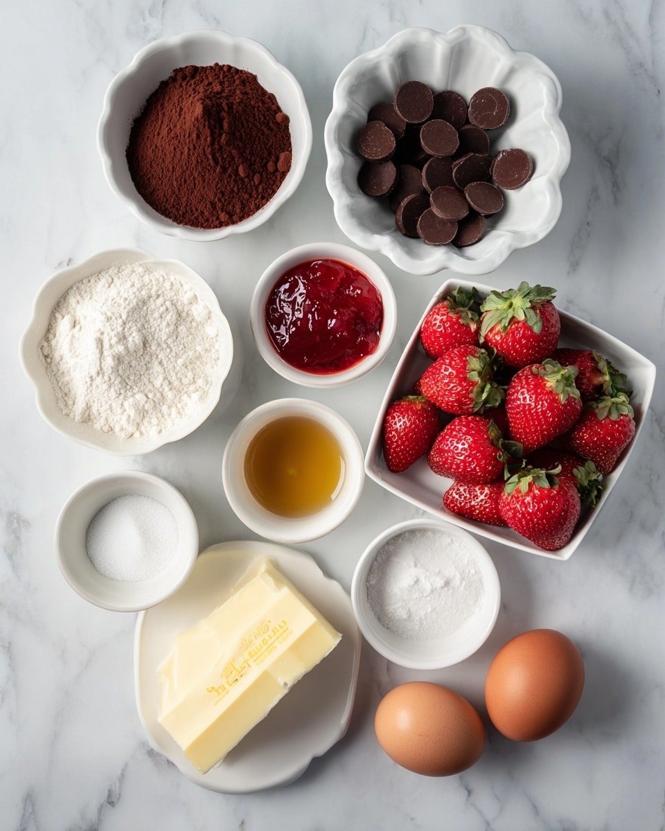 The image shows several small white bowls and dishes arranged on a white marbled surface, each holding different cooking ingredients. From top left to right, there is a white bowl filled with dark brown cocoa powder, a white scalloped bowl with round chocolate pieces, a white bowl with red strawberry jam, and a square white dish full of fresh red strawberries with green leaves on top. Below them are a white bowl filled with white sugar, a small white bowl with golden liquid vanilla extract, a very small white bowl with white salt, a white bowl filled with white flour, a stick of unsalted butter with yellow packaging placed on the surface, and two brown eggs placed side by side. Photo taken with an iphone --ar 4:5 --v 7