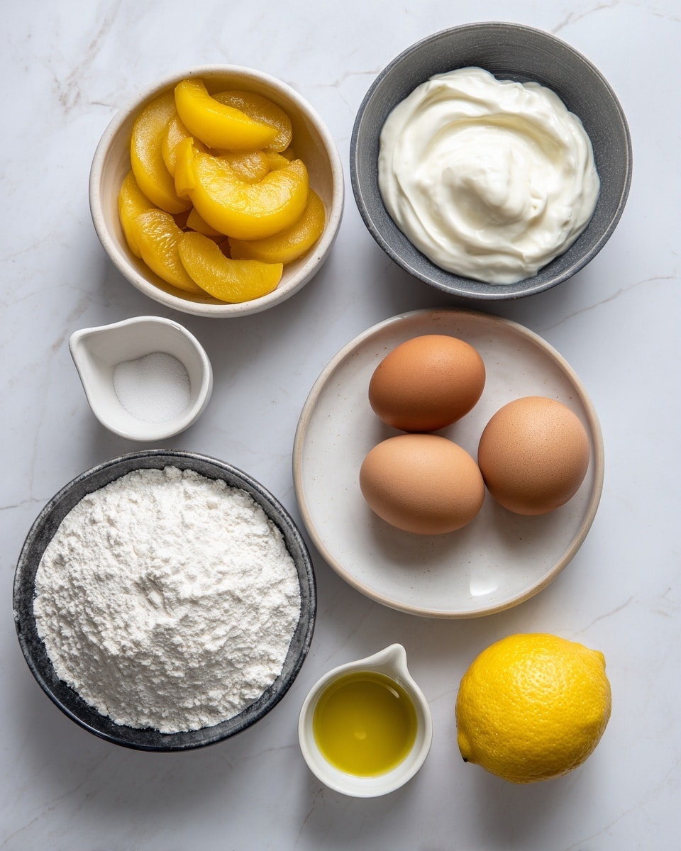 The image shows several ingredients placed neatly on a white marbled surface. There is a small white bowl filled with yellow canned peach halves, a dark gray bowl with white Greek yogurt, and a slightly deeper white bowl full of white sugar. Three brown eggs are arranged next to a small white plate holding a heap of white baking powder. A dark gray bowl filled with white flour sits at the bottom left, and to the right of it is a small white cup filled with golden olive oil. A bright yellow lemon completes the set, placed near the olive oil cup. Each ingredient stands out clearly against the clean background. photo taken with an iphone --ar 4:5 --v 7