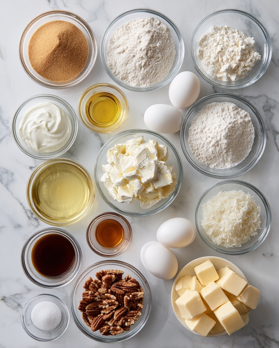 A collection of clear glass bowls arranged neatly on a white marbled surface, each filled with different baking ingredients. There are sixteen bowls in total, filled with varying textures and colors: fine light brown sugar, white flour with a slightly powdery texture, white powdered sugar, smooth white Greek yogurt, soft white cream cheese chunks, three white eggs, translucent golden olive oil, creamy white buttermilk, small light beige baking powder, white baking soda, shredded white coconut, and small brown pecans. Two tiny bowls with clear liquids show light amber almond extract and dark brown vanilla extract. There's also a small amount of fine white salt and soft pale yellow butter cubes. Each bowl is labeled in bold black text above or near it. The photo taken with an iphone --ar 4:5 --v 7