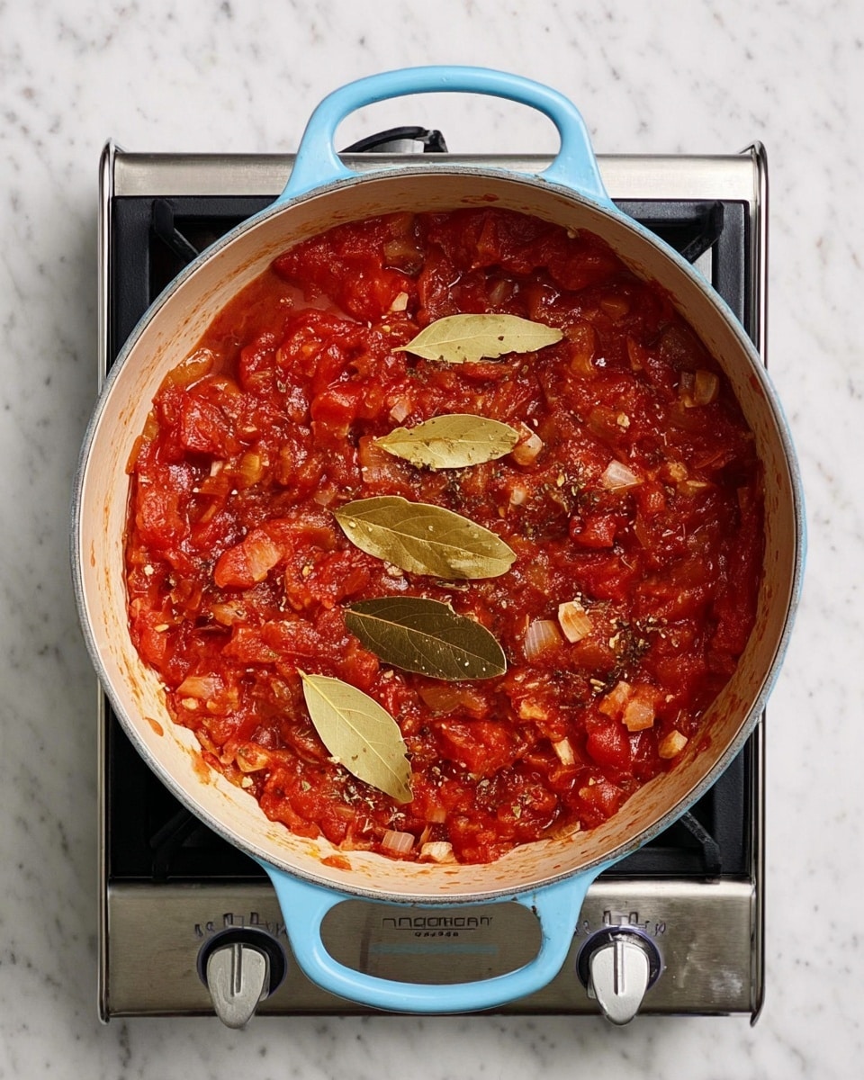A top view of a blue pot filled with a chunky red tomato sauce with visible pieces of diced tomatoes and onions mixed with herbs and spices. On top of the sauce, there are five dried bay leaves spread out evenly. The pot is sitting on a small portable silver stove, all placed on a white marbled surface. The inside of the pot is cream-colored and slightly stained from cooking. photo taken with an iphone --ar 4:5 --v 7