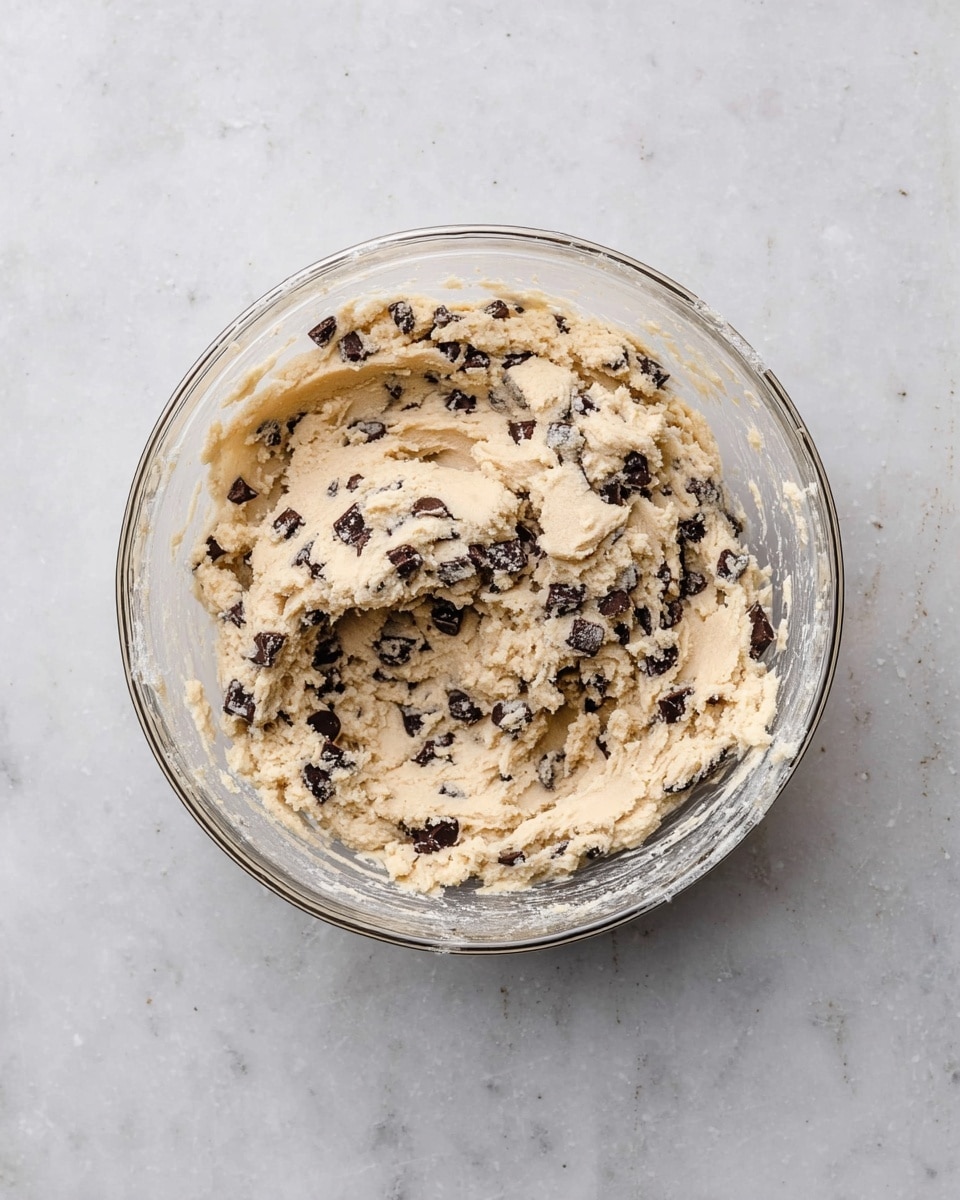 A clear glass bowl holds a thick, creamy cookie dough mixture with a light beige color mixed evenly with many small and some medium dark brown chocolate chunks scattered throughout, sitting on a white marbled surface. The dough appears soft and slightly sticky, pressed against the side of the bowl in places with some smears around the rim. photo taken with an iphone --ar 4:5 --v 7
