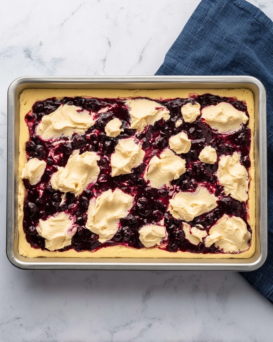 A rectangular metal baking pan holds a layered dessert with three visible layers. The bottom layer is a pale yellow dough pressed flat against the pan's base. Above this is a thick, uneven layer of dark purple berry jam spread across most of the dough, showing texture with whole berries. On top are scattered dollops of the pale yellow dough, placed irregularly, with rough swirls and soft peaks, partially covering the jam. The baking pan rests on a white marbled surface next to a folded dark blue cloth. photo taken with an iphone --ar 4:5 --v 7