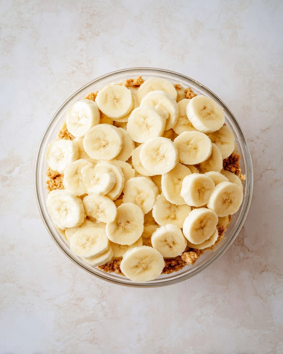 A clear glass bowl holds a layered dessert seen from above on a white marbled surface. The bottom layer, visible through the glass, is made of broken golden-brown pieces that look soft and crumbly. On top of this layer, there is a thick covering of soft, pale yellow banana slices that almost completely cover the layer beneath. The banana slices are round and crowded closely together, showing their light, creamy texture. The image is brightly lit, highlighting the fresh look of the fruit and the softness of the biscuit layer beneath. photo taken with an iphone --ar 4:5 --v 7