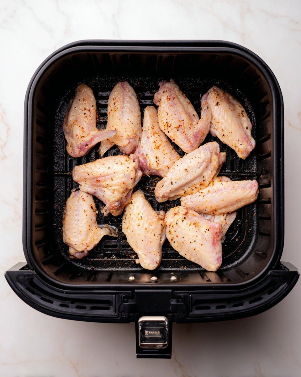 Inside a black air fryer basket on a white marbled surface, there are ten raw chicken wings spread out evenly in one layer. The wings have a pale pink color with slight orange seasoning and small black pepper specks, showing a lightly marinated texture. The air fryer basket has a grid-like bottom with small holes, and the handle at the front is visible, emphasizing the cooking tool. The whole scene is well-lit and clear, showing the raw wings ready to be cooked. photo taken with an iphone --ar 4:5 --v 7