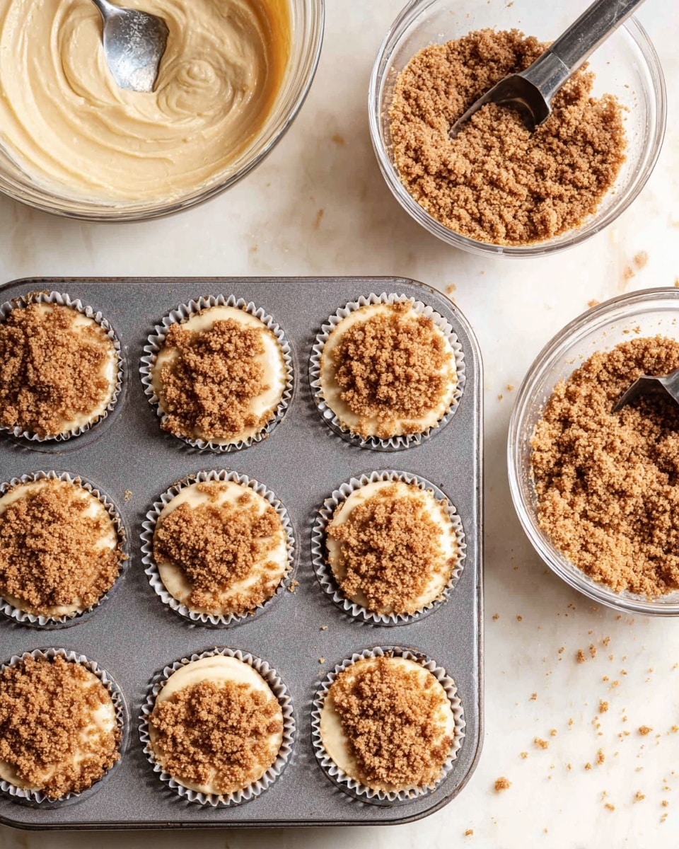 A metal muffin tray holds nine cupcake liners filled with two layers: a bottom creamy light beige batter layer topped with a crumbly brown streusel layer. Above the tray, there are two clear glass bowls; the left one contains smooth, creamy light beige batter with a spoon inside, and the right one holds a crumbly brown streusel mixture with a metal measuring spoon resting on it. The white marbled surface underneath is lightly scattered with crumbs, giving a casual baking atmosphere. photo taken with an iphone --ar 4:5 --v 7