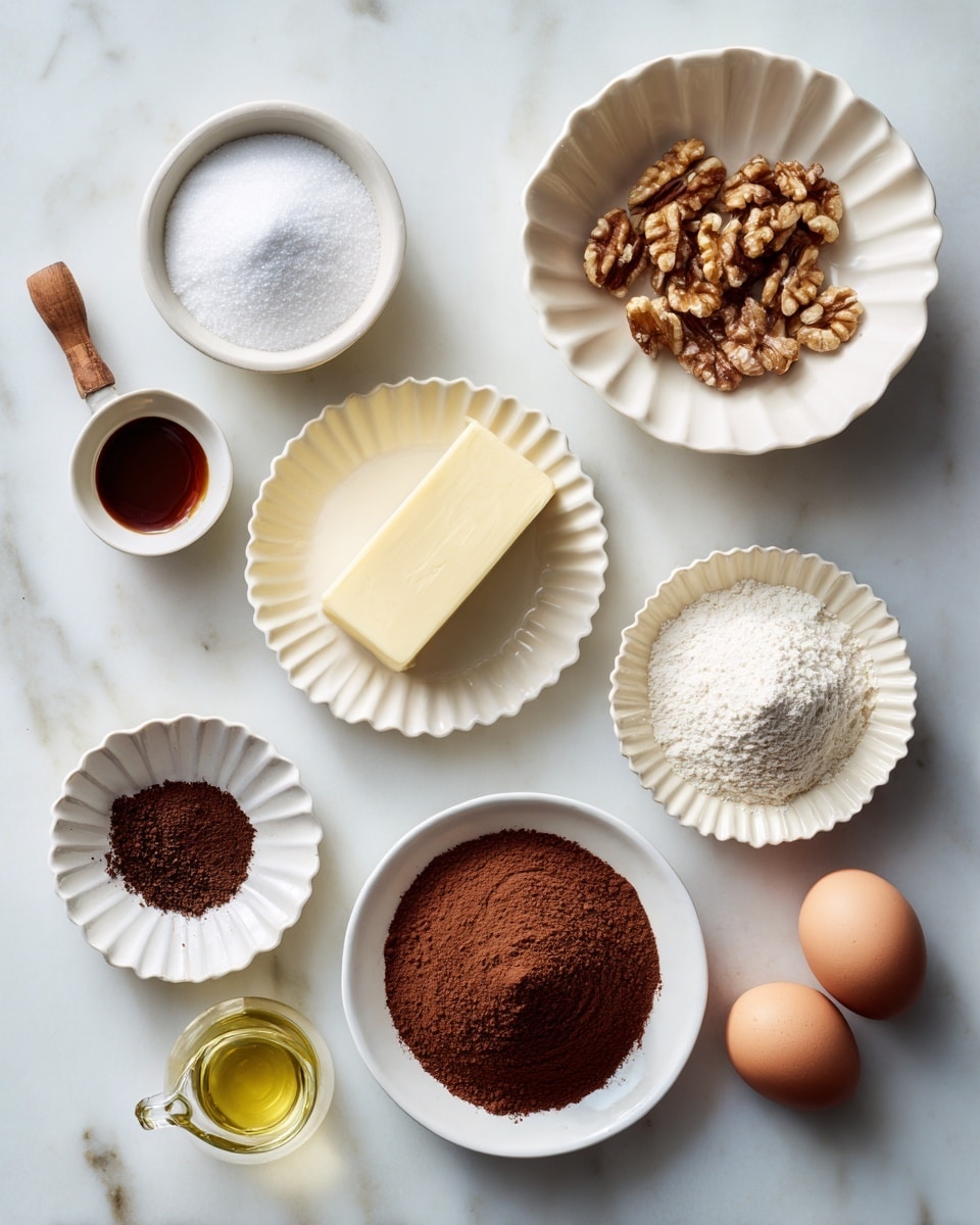 A flat white marbled surface holds several small white bowls and plates with different ingredients arranged neatly: starting from the top left, a small white bowl holds white salt powder; below it, a larger white bowl is filled with fine white sugar showing a slight swirl texture on top; on the top right, a white bowl contains uneven pieces of brown walnuts; below that, a white fluted plate carries a rectangular pale yellow stick of butter; near the center, a larger white bowl is filled with finely sifted brown cocoa powder; below and to the left, on a small white fluted plate, there is dark brown espresso powder; nearby, a tiny transparent cup with a wooden handle holds a small amount of light yellow oil; at the bottom left, a white bowl contains white flour with some texture on top; to the right of that, two light brown eggs rest directly on the marbled surface; below the eggs, a tiny white scooped bowl holds dark brown vanilla extract. Each item is spaced apart clearly. The scene looks clean, soft, and elegant. photo taken with an iphone --ar 4:5 --v 7