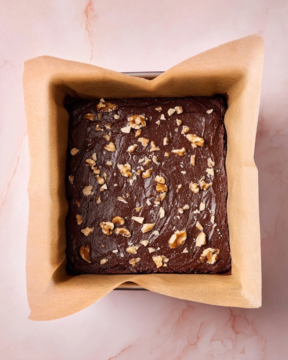 A square baking pan lined with light brown parchment paper holds a single, thick layer of dark brown chocolate brownie batter. The top of the batter is spread evenly with a slightly rough, creamy texture and is sprinkled with small, uneven pieces of light tan walnut halves and fragments scattered over the surface. The pan is placed on a soft pink surface with light marble patterns. photo taken with an iphone --ar 4:5 --v 7