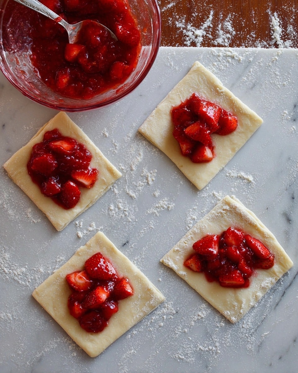 The image shows four square pieces of dough laid out on a white marbled surface lightly dusted with flour. Each dough square has a small pile of bright red strawberry filling placed in the center, with visible chunks of strawberries and a shiny, thick texture. To the top left, there is a clear glass bowl filled with the same strawberry mixture, and a spoon is resting inside it. The dough squares have a soft, slightly floured surface and appear neatly cut and ready for folding or baking. photo taken with an iphone --ar 4:5 --v 7