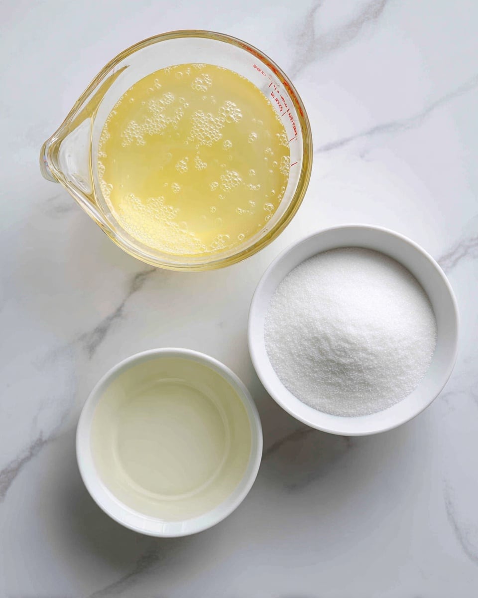 The image shows three containers placed on a white marbled surface. On the top right, there is a white bowl filled with fine, white castor sugar. To the left, a clear glass measuring cup holds pale yellow egg whites with small bubbles on the surface. Below the sugar bowl, there is a small white bowl containing clear vinegar, with the liquid visible inside. The containers are arranged with some space between them and the overall scene is bright and clean. Photo taken with an iphone --ar 4:5 --v 7