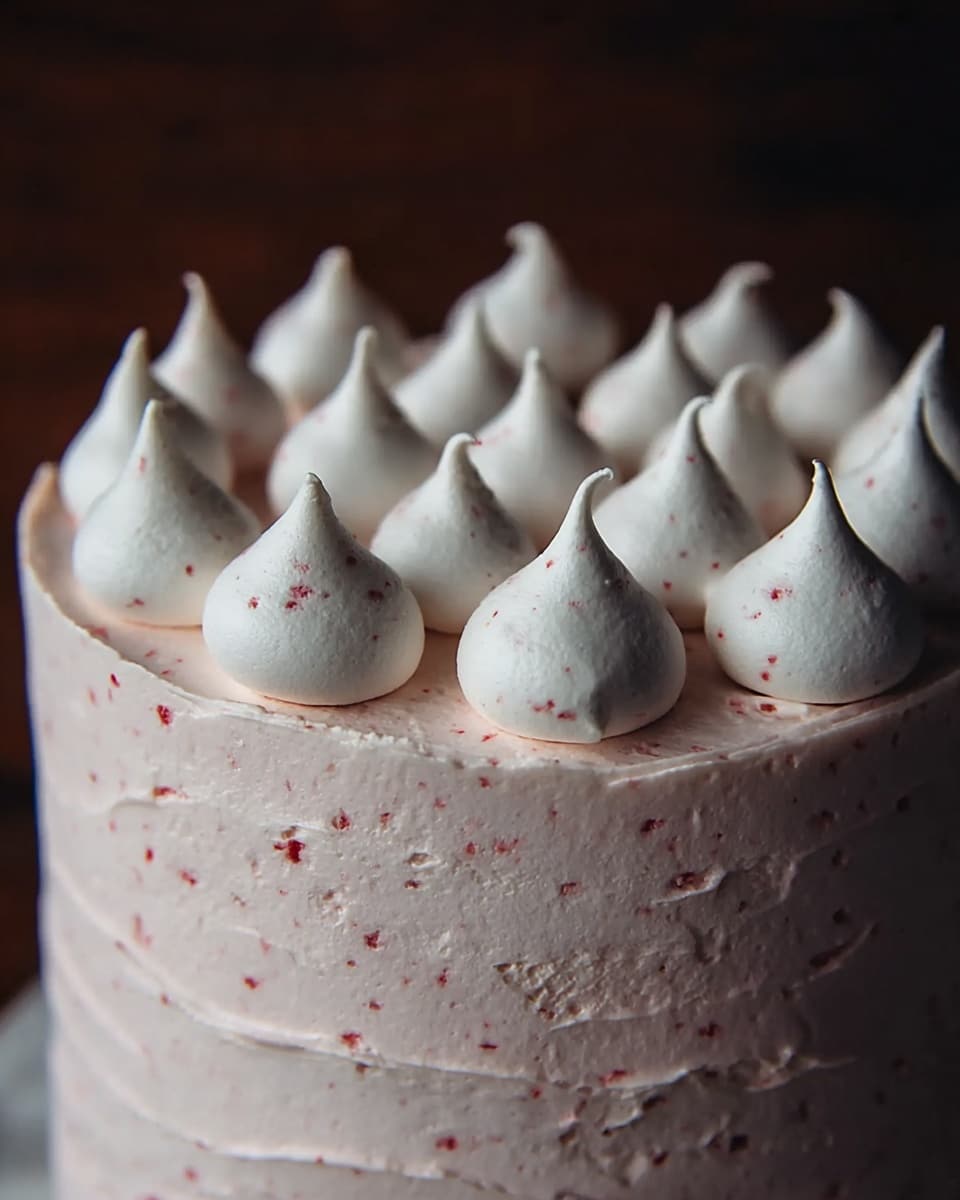 The image shows a tall cake with two visible layers. The cake is covered in pale pink frosting with tiny red specks, giving it a soft, creamy texture. On top, there are many small white dollops of meringue, each with a pointy swirl, arranged closely together to cover the whole surface. The background is dark brown, making the cake stand out. The photo has a close-up view, focusing on the smoothness of the frosting and the neat shapes of the meringue, placed on a white marbled surface. photo taken with an iphone --ar 4:5 --v 7