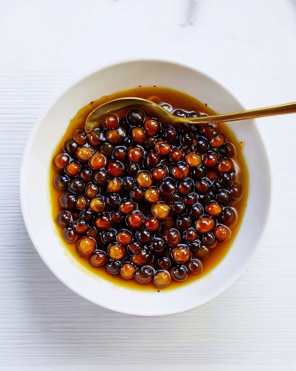 A white bowl filled with dark brown and amber pearl-like spheres soaked in a glossy syrup with an amber hue. A small gold spoon rests inside the bowl, partially covered by the syrup and pearls. The bowl is placed on a white marbled surface with faint texture variations. The pearls have a shiny and smooth texture, closely packed in one even layer, with the syrup pooling slightly around them. photo taken with an iphone --ar 4:5 --v 7