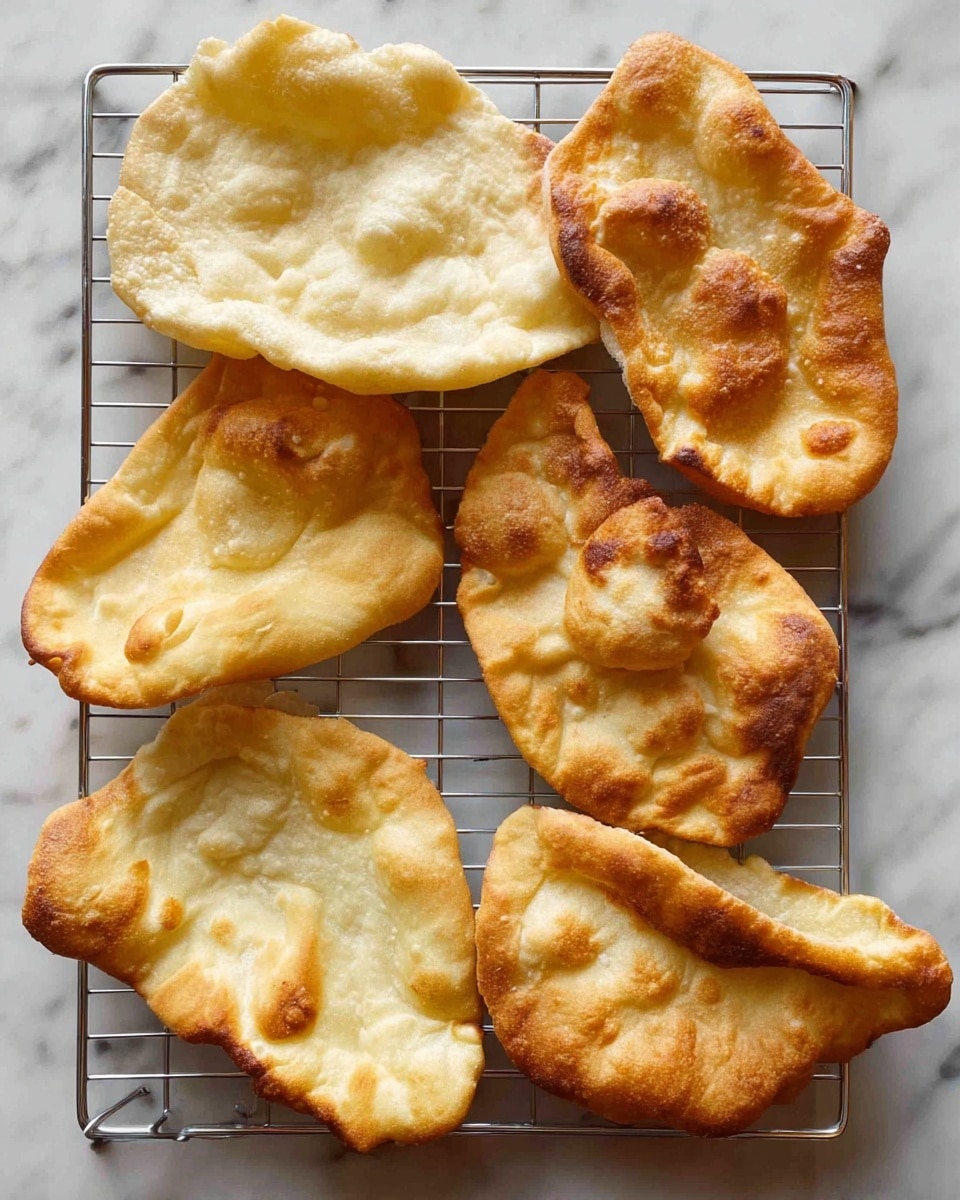 The image shows seven pieces of fried flatbread with uneven shapes and different levels of browning, placed on a metal cooling rack over a white marbled surface. Each flatbread has a puffed, airy texture, some with golden brown edges and others more pale and soft-looking. They vary in size, with some folded slightly and others lying flat, showing dimples and bubbles on the surface. The overall look is rustic and fresh, with a warm color mix of beige, light brown, and golden hues. photo taken with an iphone --ar 4:5 --v 7