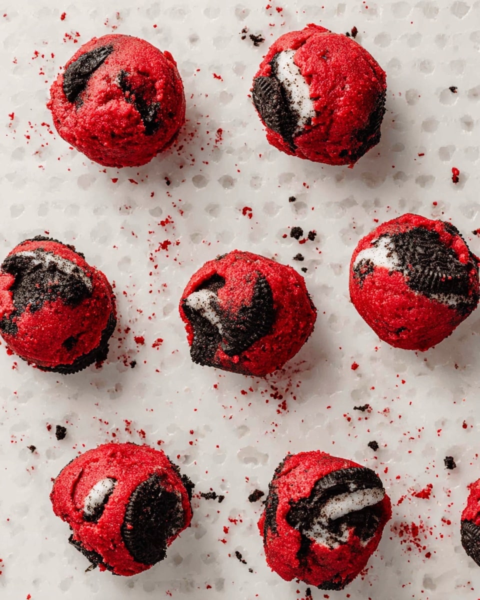 The image shows nine red cookie dough balls placed on a white marbled surface with a dotted texture, each dough ball mixed with chunks of black and white sandwich cookies. The cookie dough is bright red and crumbly, while the chunks of cookies are unevenly scattered in and on the surface of each dough ball, creating a contrast of black, white, and red colors. Some crumbs are loose around the dough balls, adding to the texture. Photo taken with an iphone --ar 4:5 --v 7