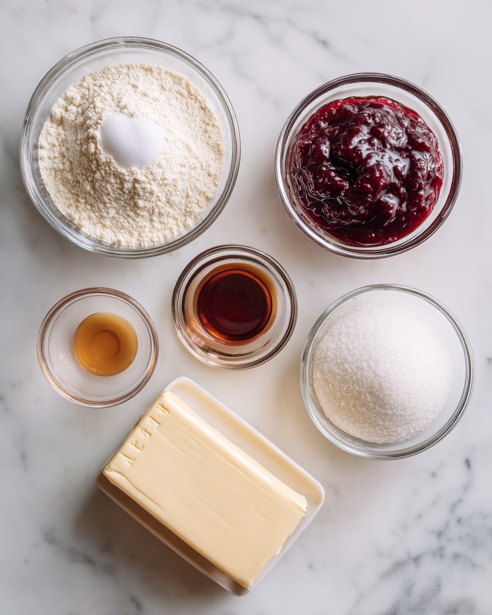 The image shows six small clear glass bowls and one wrapped butter stick arranged on a white marbled surface. The largest bowl at the top left is filled with a white powdery mix of flour and salt with a small mound of salt in the center. To its right is a slightly smaller bowl filled with deep red raspberry preserves that have a thick, shiny texture. Below these two, on the left are two tiny bowls, one empty representing almond extract and the other filled with brown vanilla extract. To the right of these smaller bowls is a medium bowl filled with a mix of white granulated and powdered sugar. Below all the bowls is a stick of unsalted butter in its light beige wrapper, showing measurement marks. photo taken with an iphone --ar 4:5 --v 7