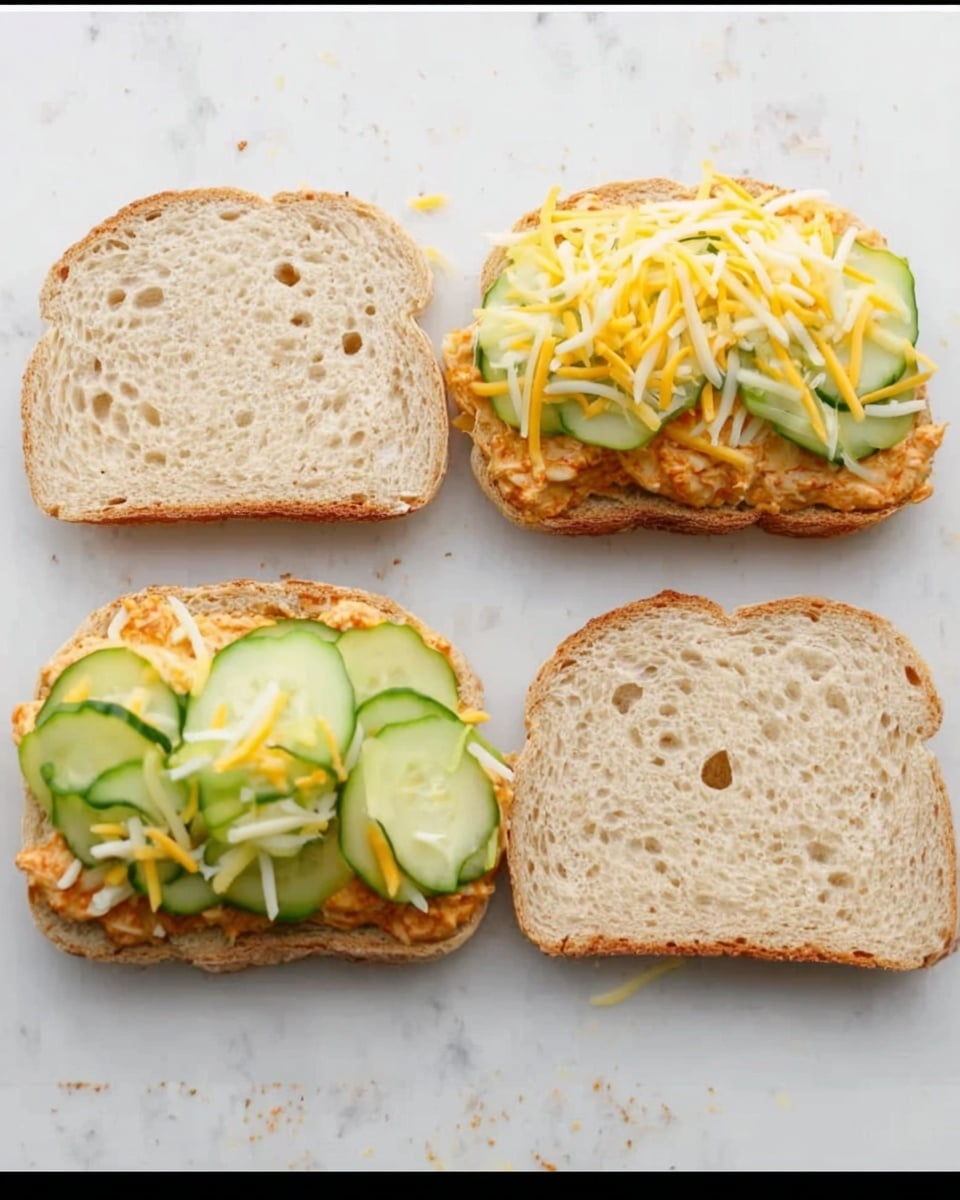 Two open sandwiches are shown on a white marbled surface. Each sandwich has two layers: the bottom layer is a slice of light brown bread with a rough texture, topped with a spread of a reddish mixture. Above this is a layer of thinly sliced cucumber pieces and shredded yellow and white cheese piled high. Next to each sandwich is the top slice of bread, which is light brown with small holes and a soft texture. The overall image shows the sandwiches ready to be closed. Photo taken with an iphone --ar 4:5 --v 7