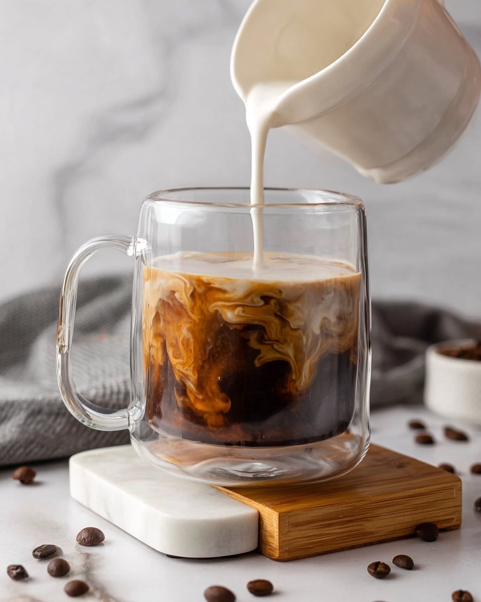 A clear glass mug is filled halfway with dark brown coffee, showing swirling lighter brown cream mixing in. White cream is being poured from a white measuring cup into the mug, creating a smooth, flowing line on top. The mug sits on a white marble coaster, which rests on a wooden base. Scattered coffee beans and a gray cloth are visible on a white marbled surface in the background. Photo taken with an iphone --ar 4:5 --v 7