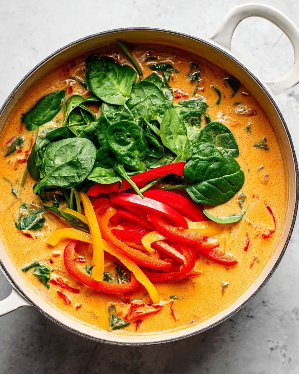 A white pot filled with a creamy orange sauce with small flecks of red and white pieces. On top, there are three layers of fresh vegetables: at the bottom, thin slices of red bell peppers, above them yellow bell pepper strips, and a pile of bright green spinach leaves with visible veins and stems on one side. The pot rests on a white marbled surface. Photo taken with an iphone --ar 4:5 --v 7