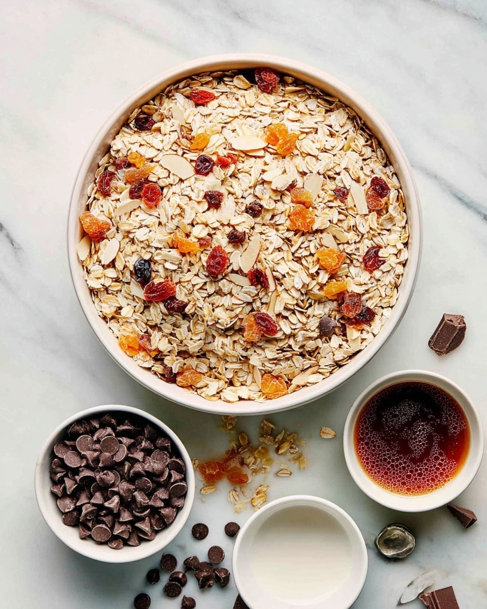 A large white bowl filled with a mix of oats, dried fruit pieces in orange and red, and light-colored nut slices, all loosely layered and textured with a natural, rough appearance. Surrounding the bowl on a white marbled surface are three small white bowls: one with clear liquid, one with dark chocolate chips piled up, and one with a reddish-brown sauce that looks shiny with bubbles on the surface. A few chocolate chips and bits of oats are scattered around the bowls. The photo taken with an iphone --ar 4:5 --v 7